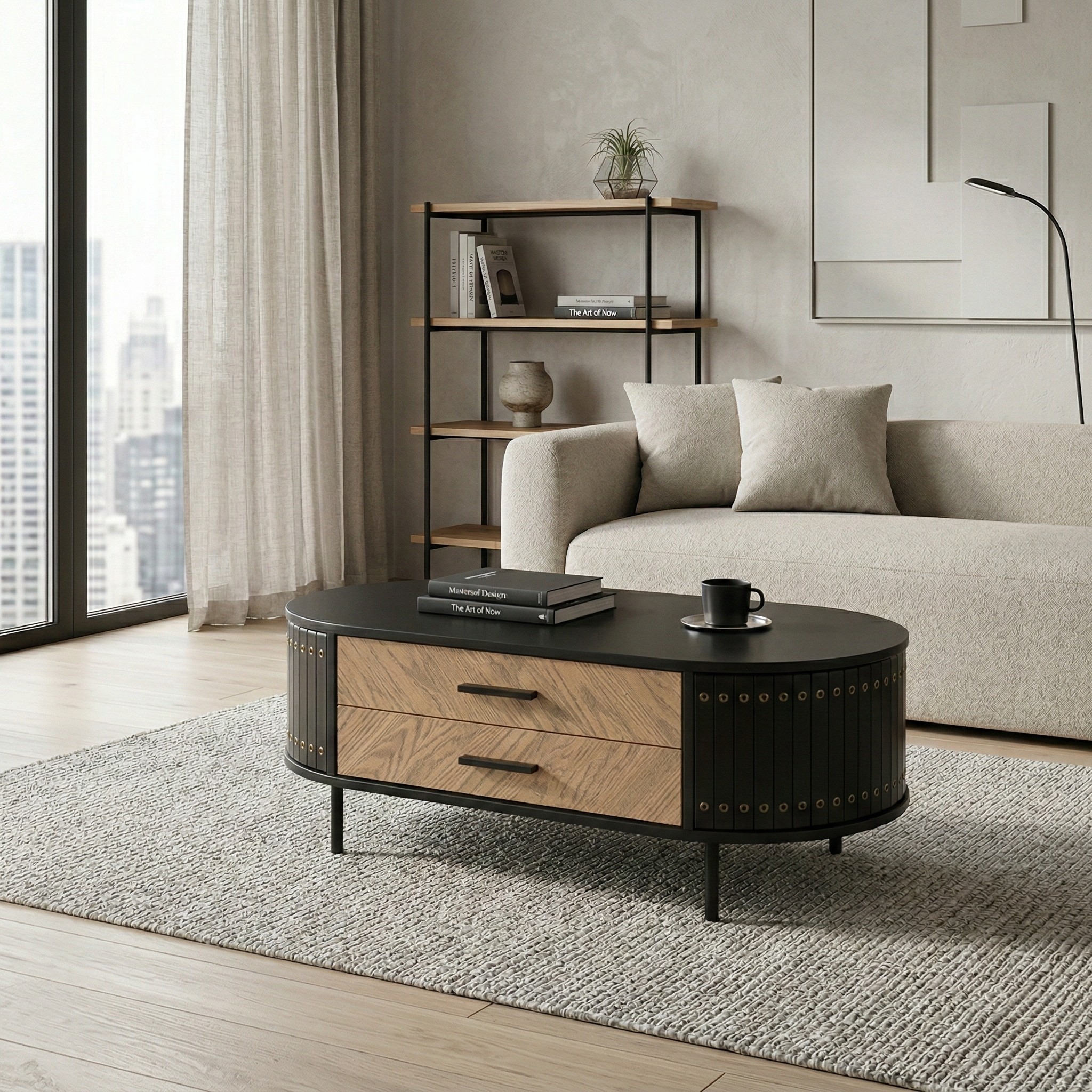 Modern living room with a coffee table, sofa, and bookshelf.