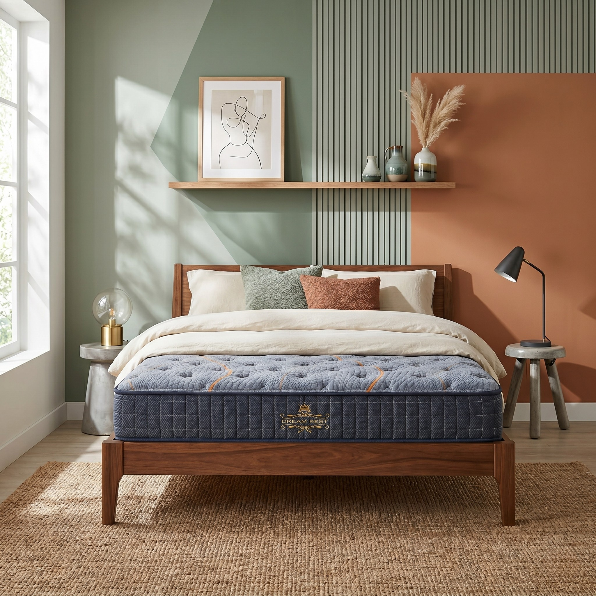 Bedroom with a wooden bed featuring a mattress, pillows, and a lamp on a shelf.