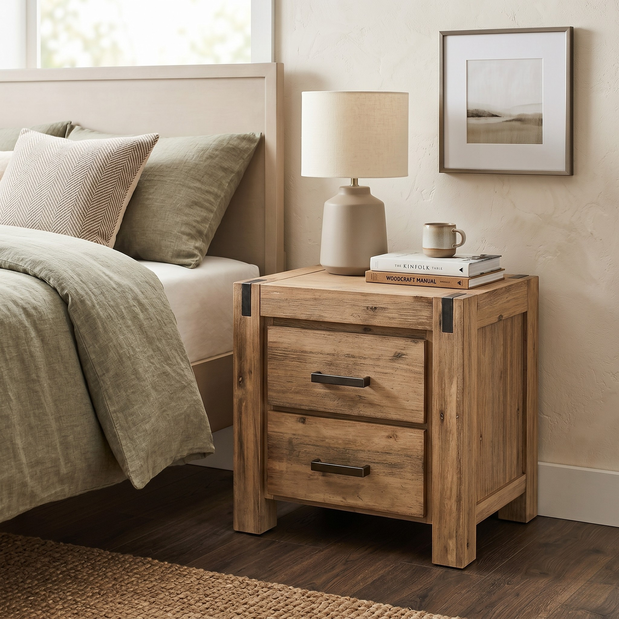 Wooden nightstand with lamp and books next to a bed in a bedroom.
