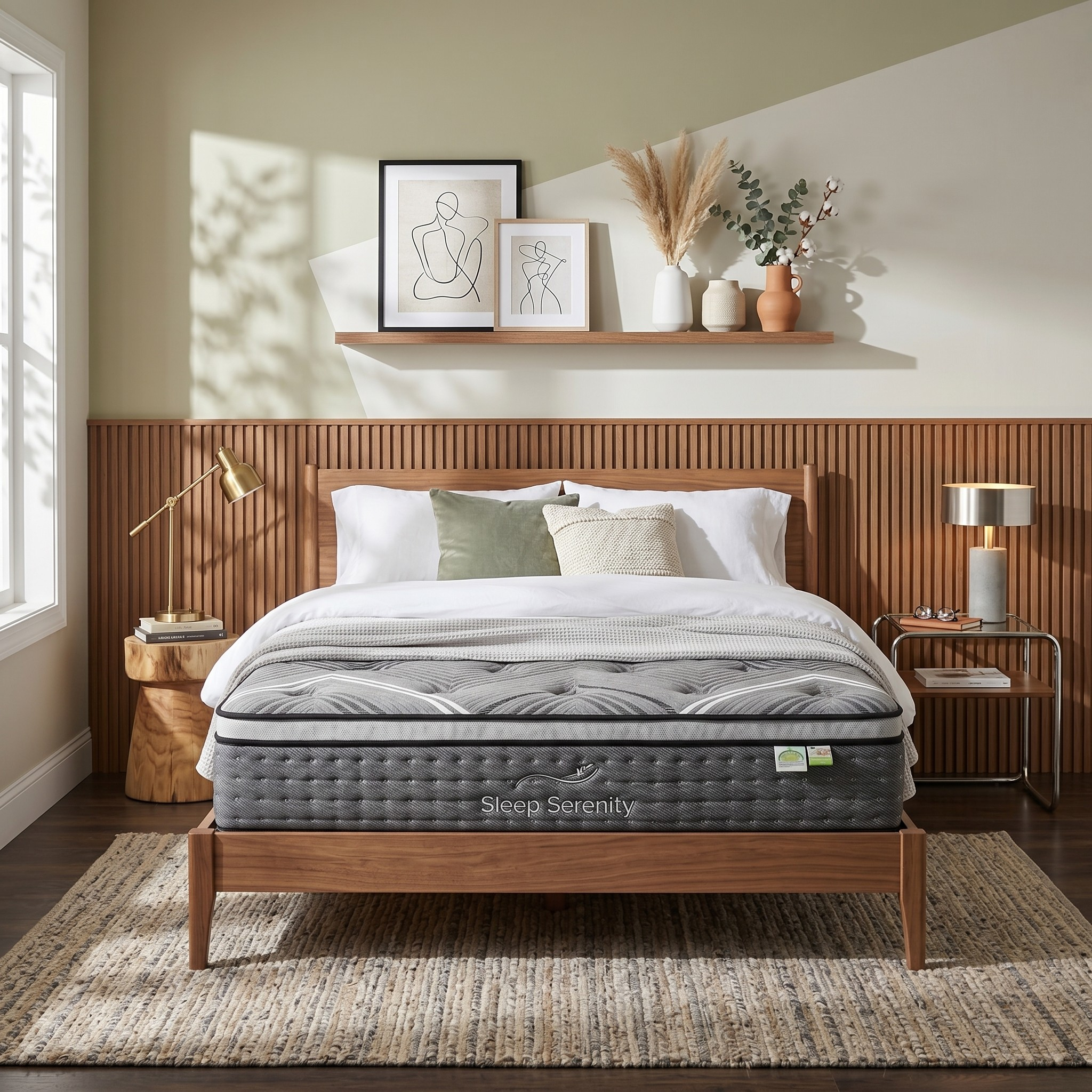 Bedroom with a mattress labeled 'Sleep Serenity' in a well-decorated room.