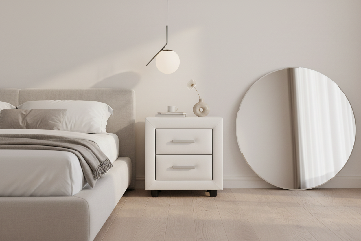 Modern bedroom with a bed, a bedside table in white leather, a nightstand, and a round mirror.