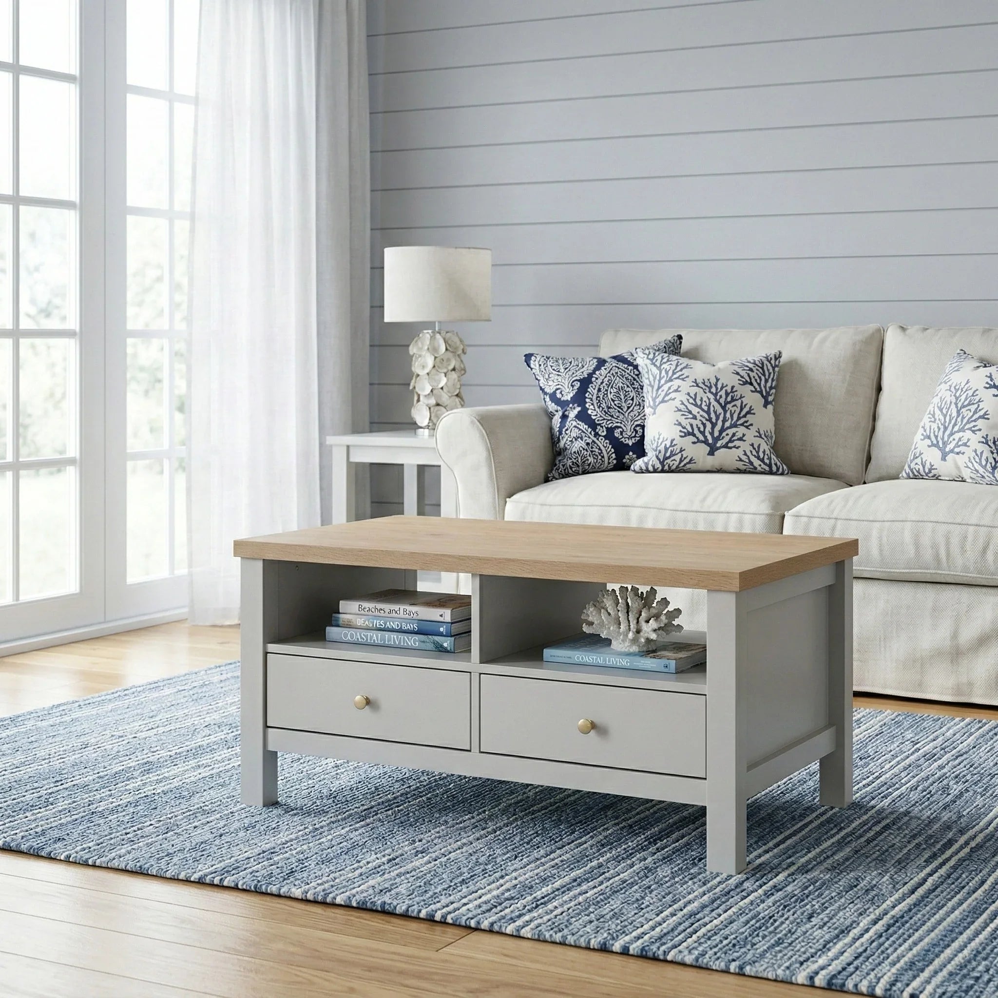 Living room with a beige sofa, wooden coffee table, and decorative pillows.