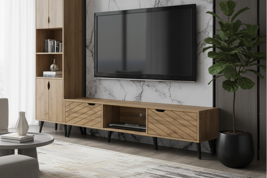 Modern living room with gray sofa, wooden entertainment unit, and TV.