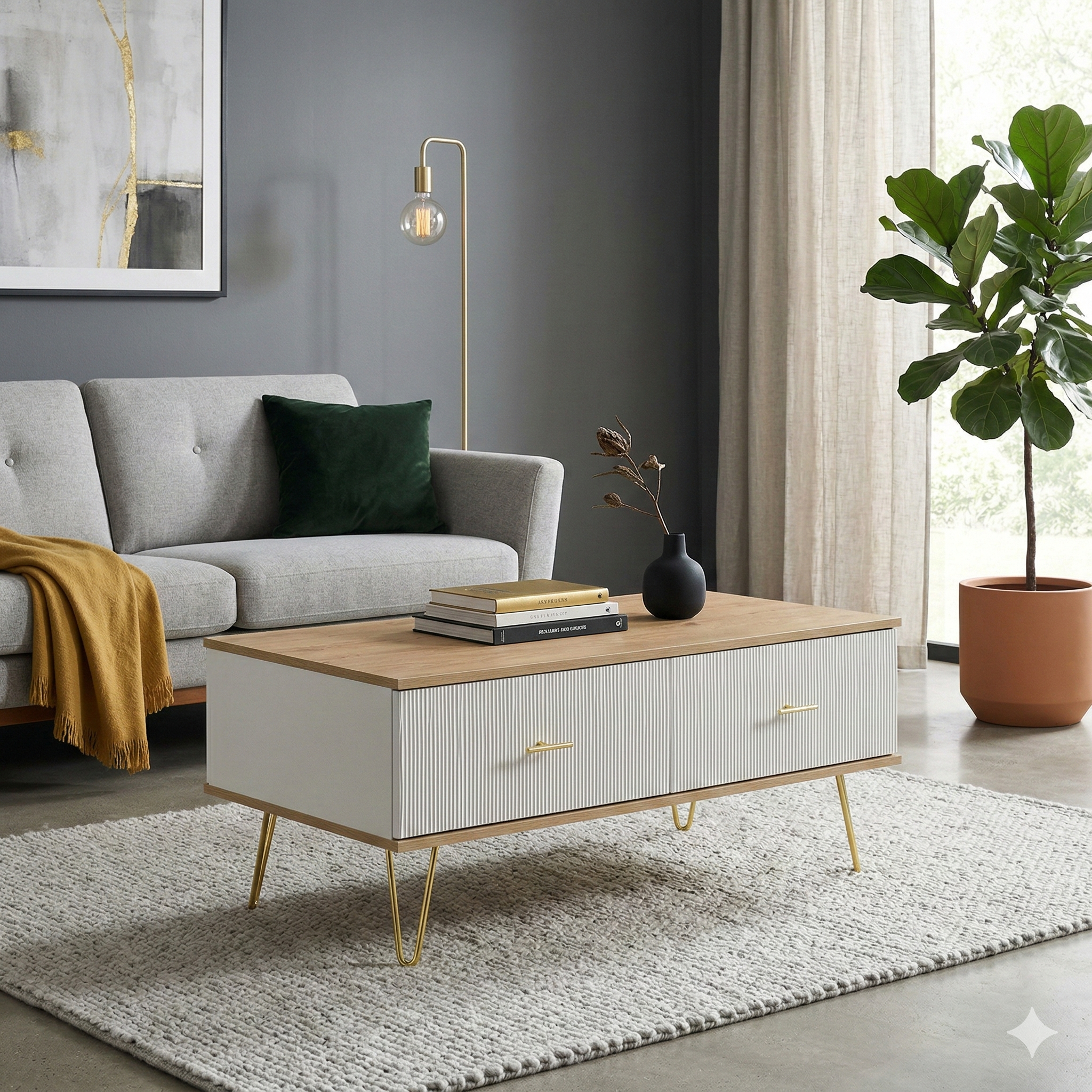 Modern living room with a coffee table, sofa, and decorative elements.