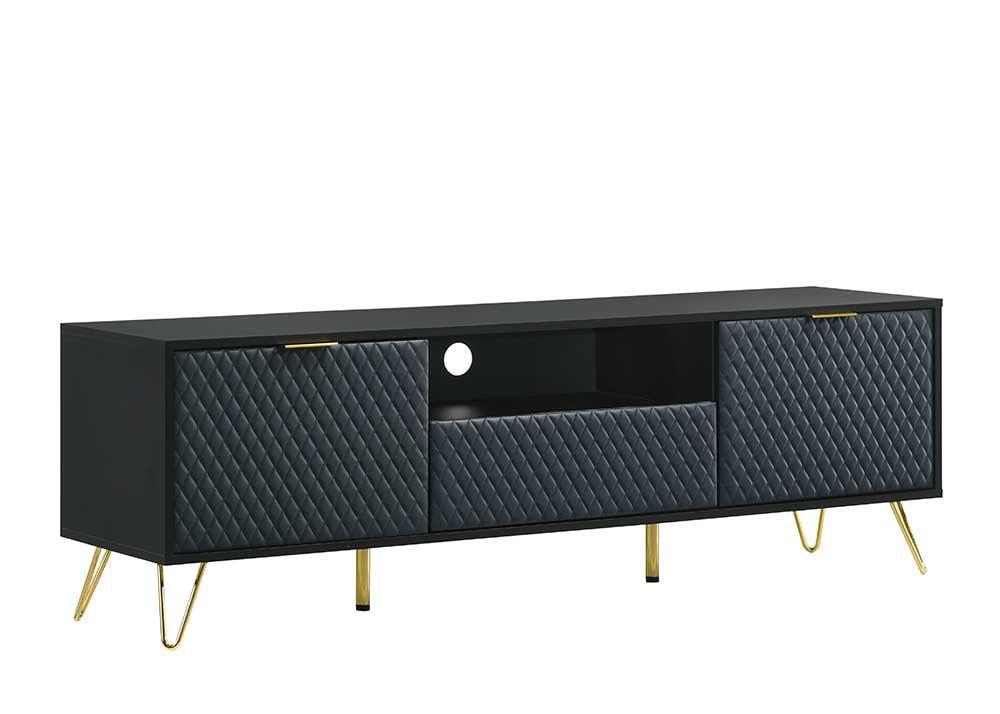 Modern black TV unit with quilted doors, gold legs, and open shelf