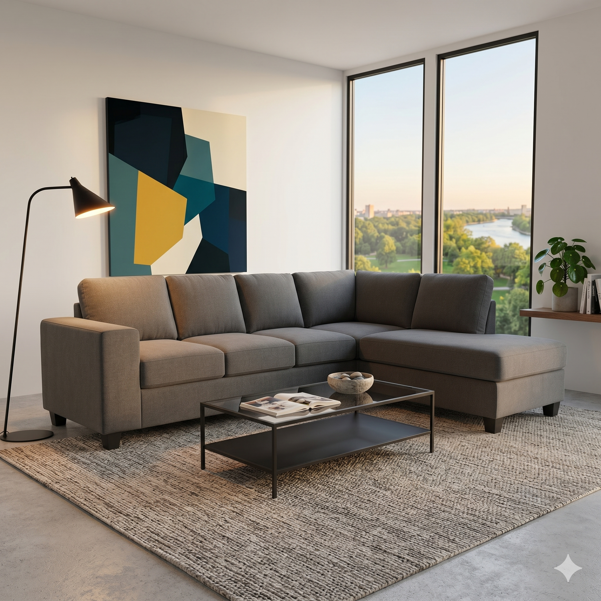 Modern living room with a gray sectional sofa, coffee table, and abstract art on the wall.