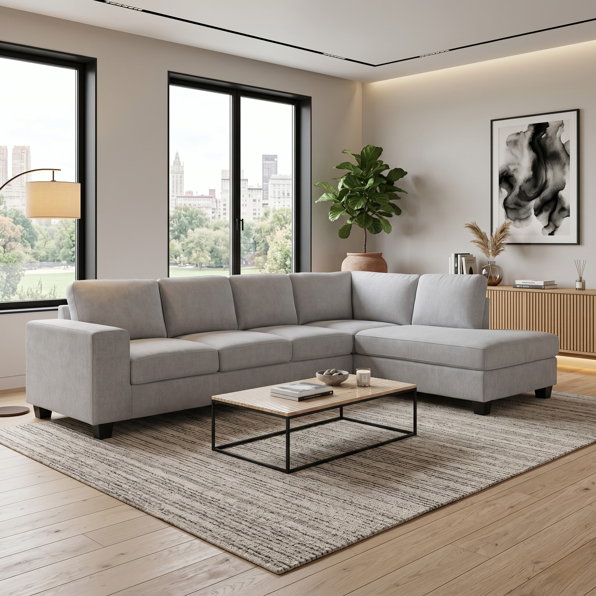 Marsden Corner Sofa in light gray fabric, positioned in a modern living room with large windows, a wooden floor, a neutral-toned rug, and minimalistic decor including a coffee table and indoor plant.