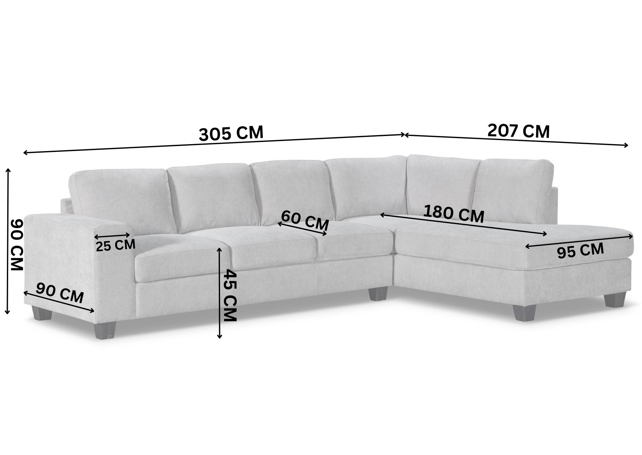 Grey sectional sofa with dimensions labelled on a white background