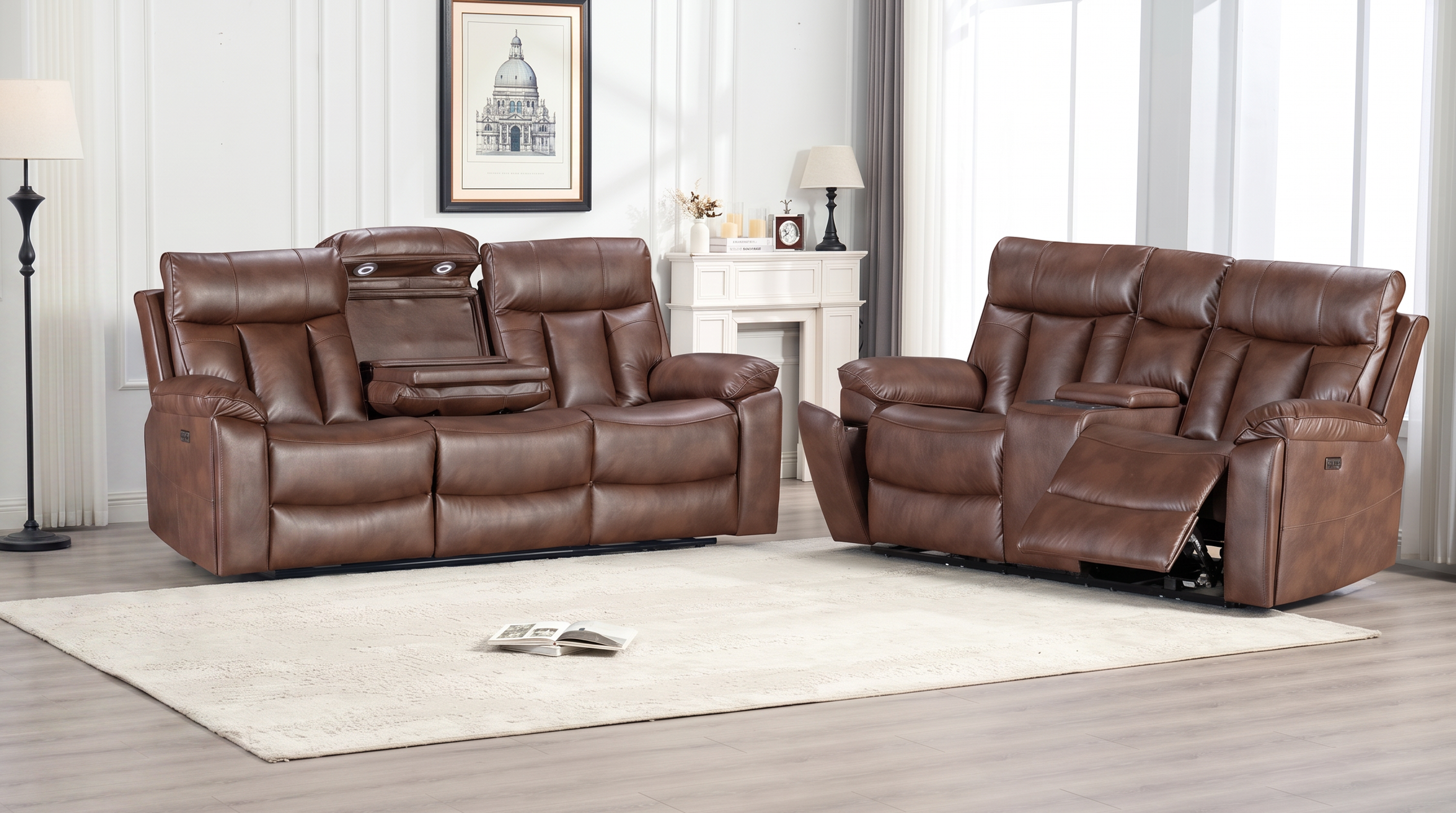 Marshall 3+2 seater electric recliner package in sandy brown air leather