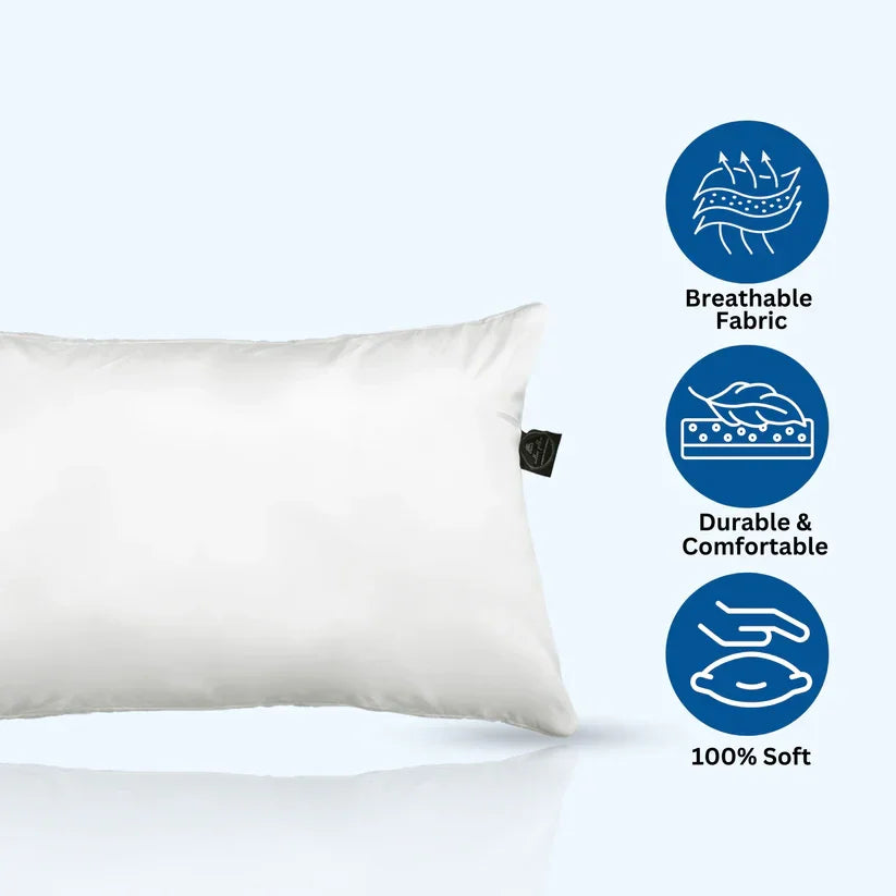 White pillow with breathable fabric, durable comfort, and softness features on a white background