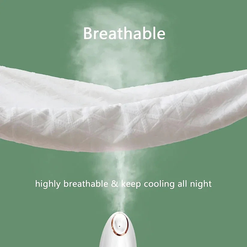 White fabric with cooling effect on a green background, labeled 'Breathable' and 'highly breathable & keep cooling all night'.