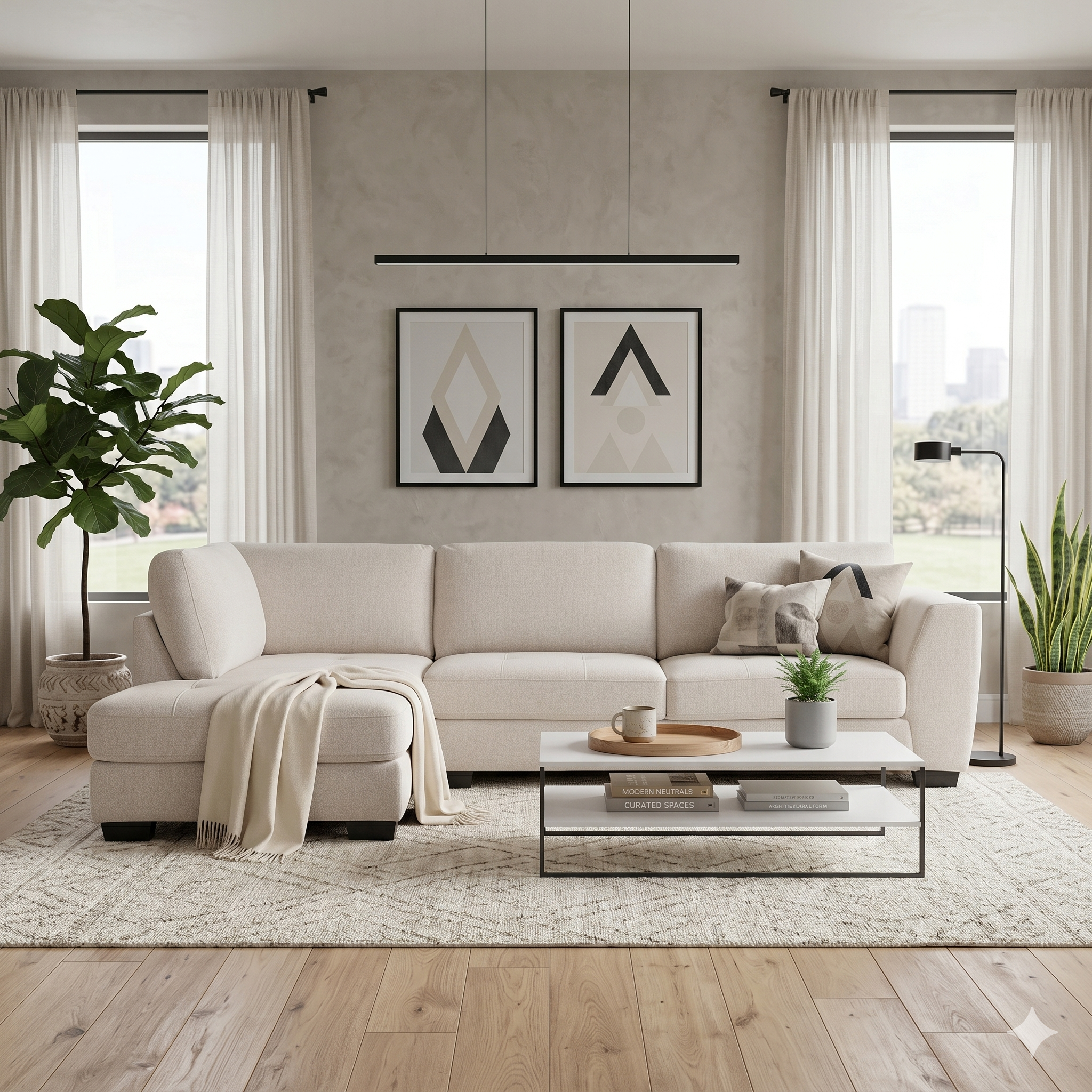 Modern living room with a beige sectional sofa, coffee table, and decorative elements.