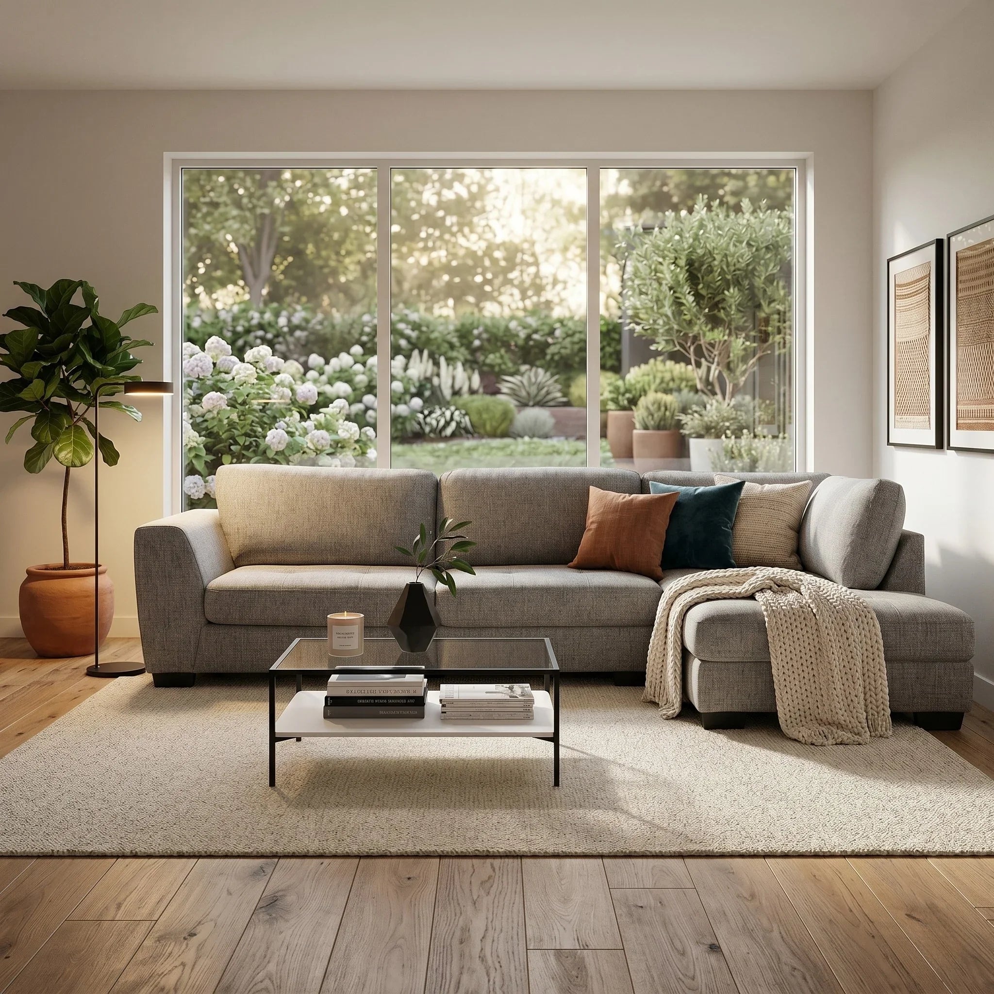 Melton Chaise Lounge in a modern living room with large window overlooking greenery, featuring neutral tones, cozy throw blanket, decorative pillows, and a black metal coffee table.
