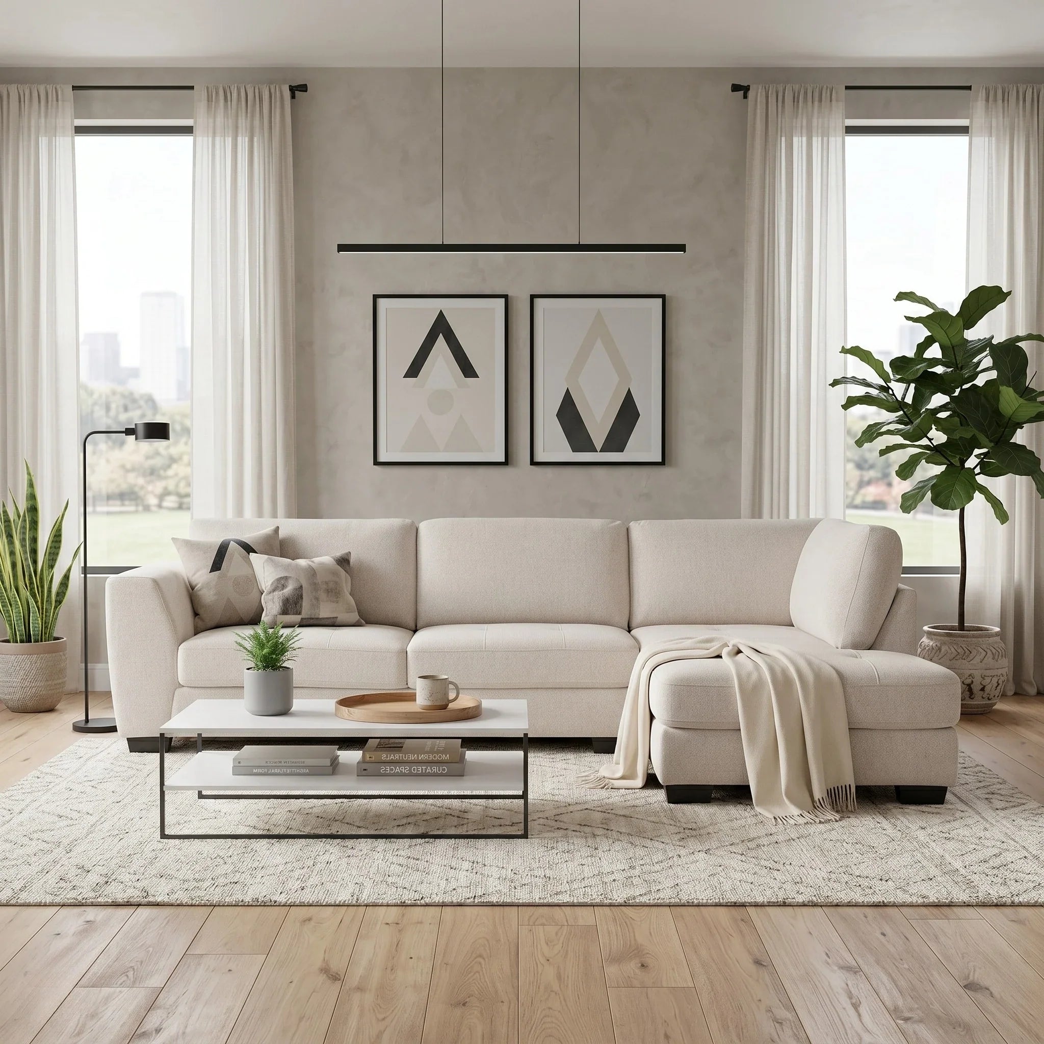 Melton Chaise Lounge in a modern living room setting with neutral tones, light fabric upholstery, decorative cushions, a cozy throw, and minimalist coffee table on a textured rug.