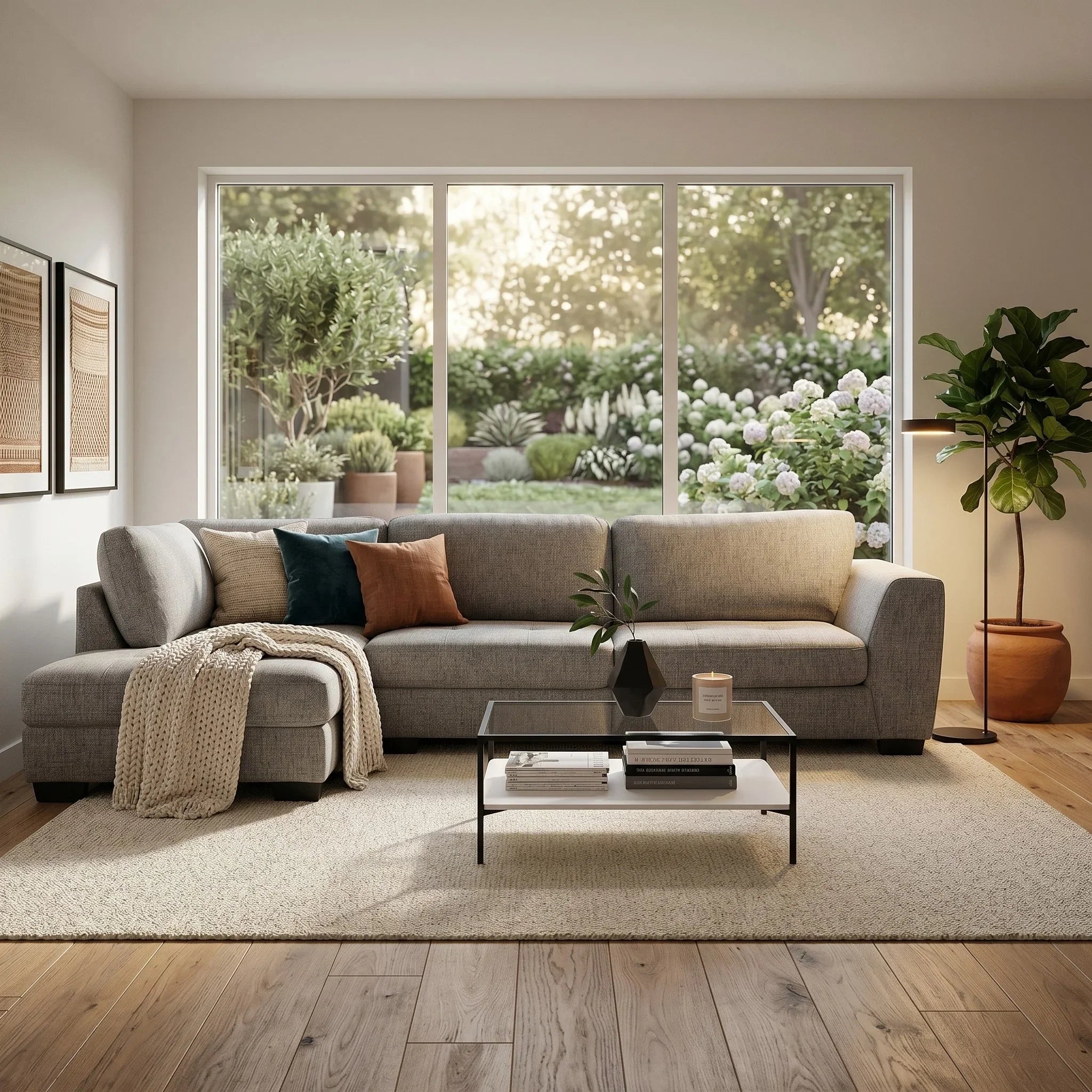 Melton Chaise Lounge in a modern living room setting with neutral tones, featuring a cozy throw, decorative pillows, a glass coffee table, and large windows overlooking a lush garden.