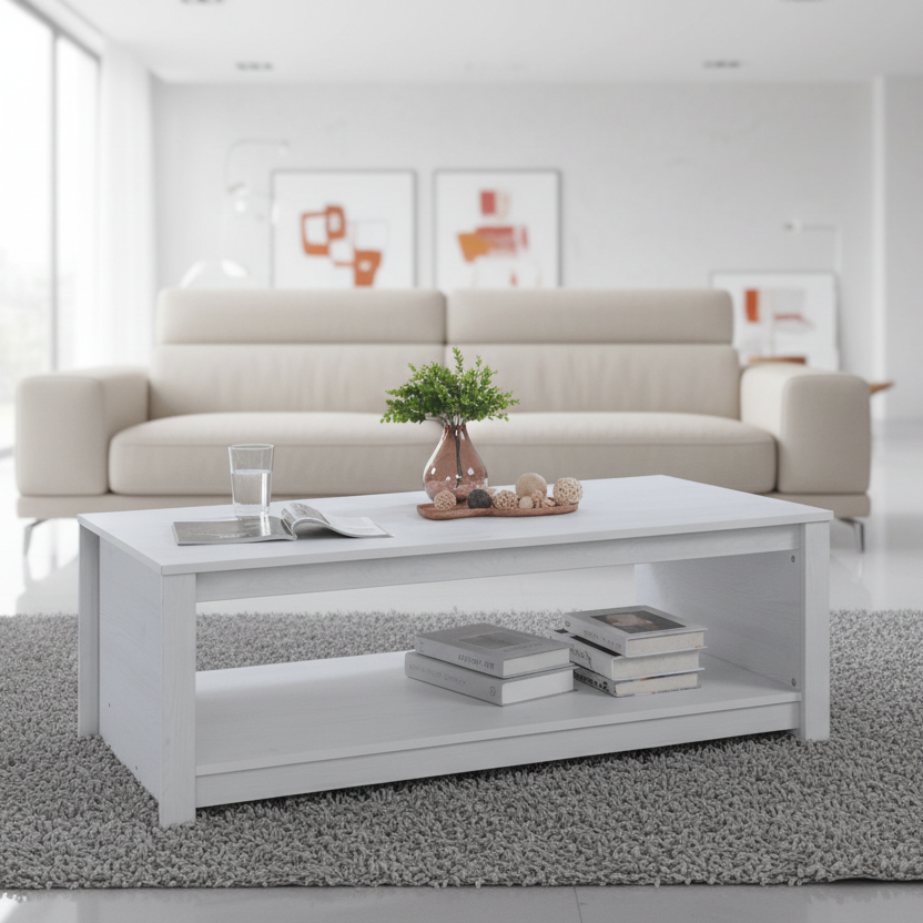 Modern living room with a white sofa and coffee table.