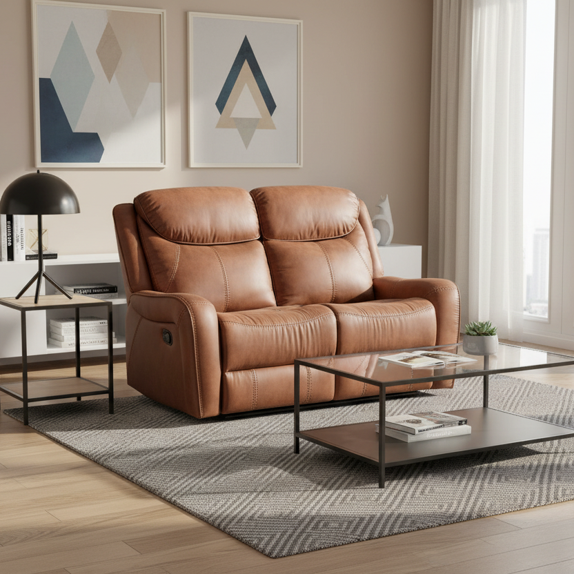 Brown fabric sofa in a modern living room with abstract art and a coffee table.