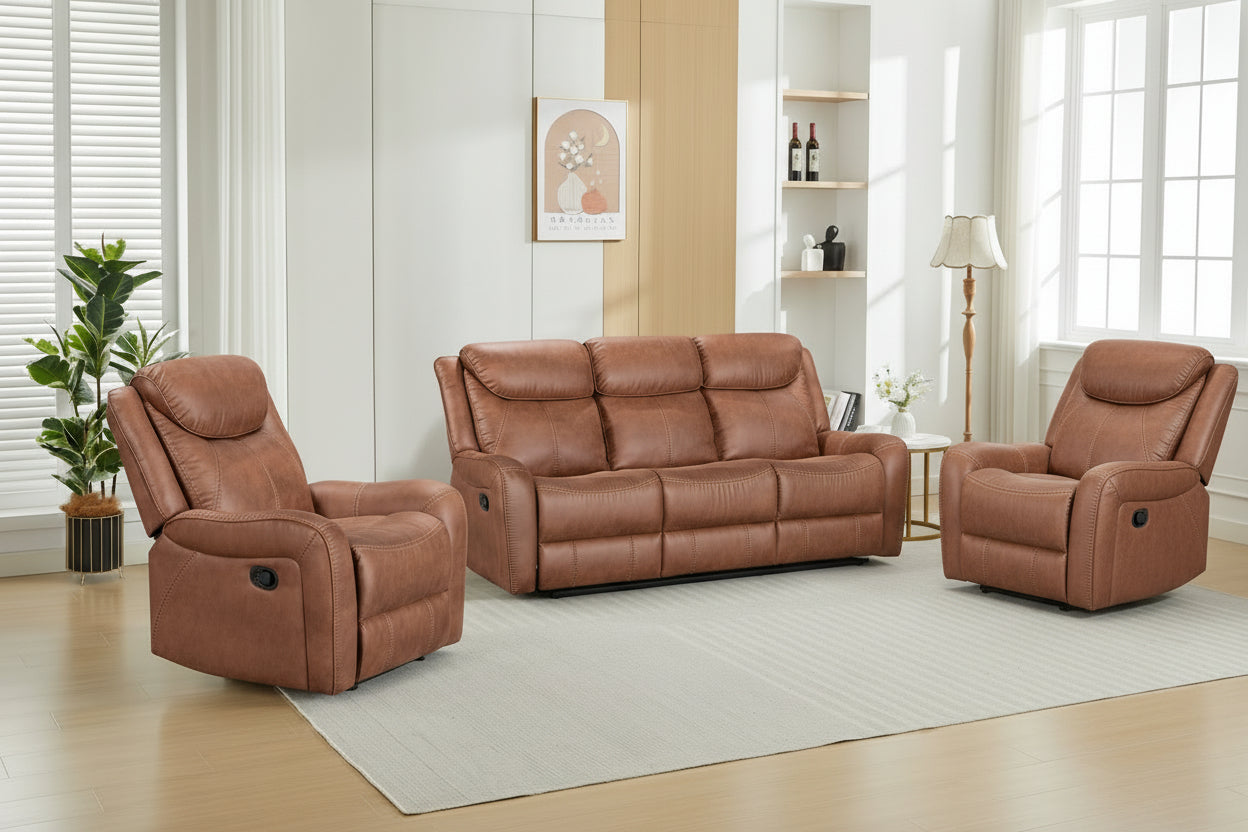 Brown recliner sofa set in a living room with light wood flooring and large windows.