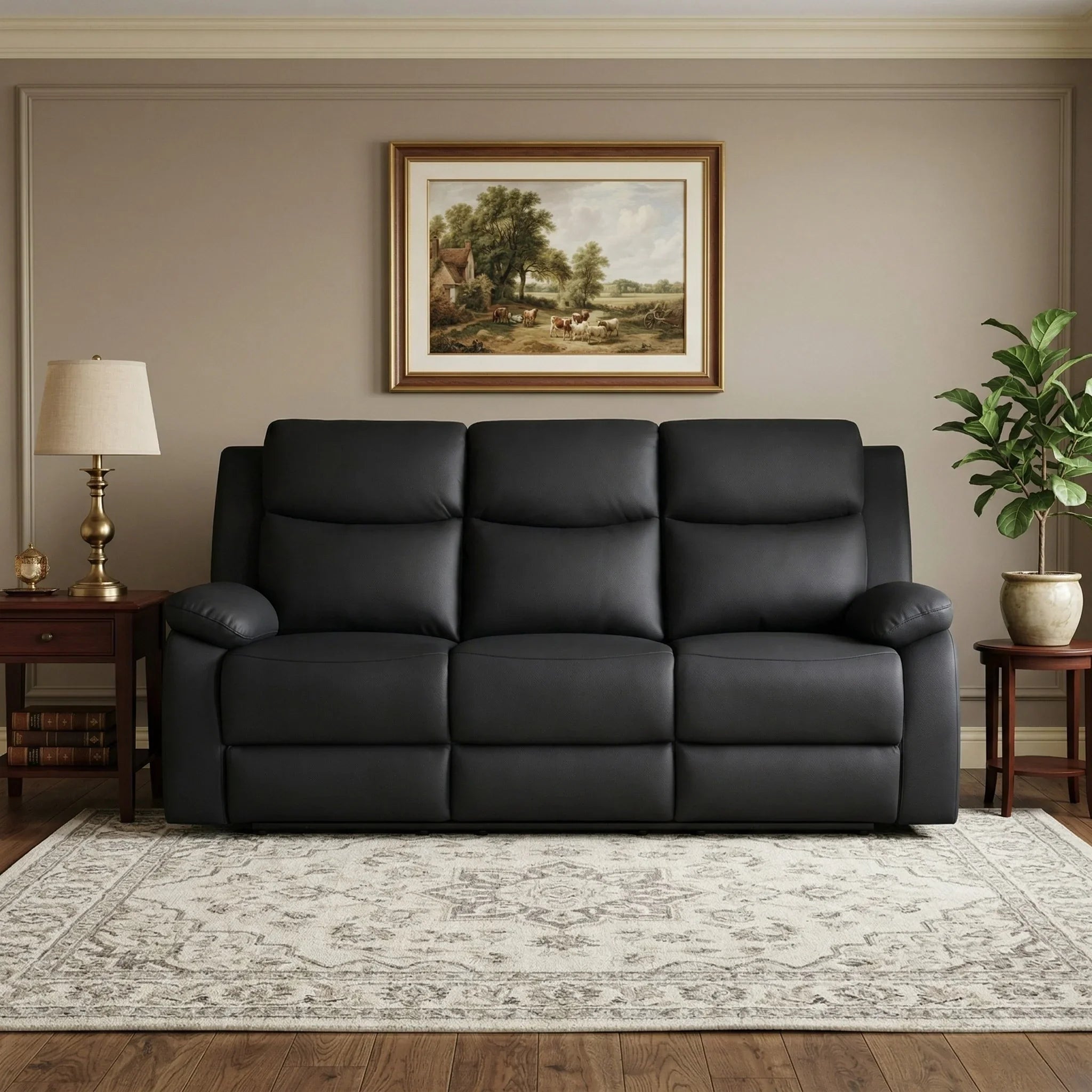 Mitcham 3 Seater Recliner Lounge in black leather positioned in a cozy living room with classic decor, featuring a side table with a lamp and a potted plant on the opposite side.
