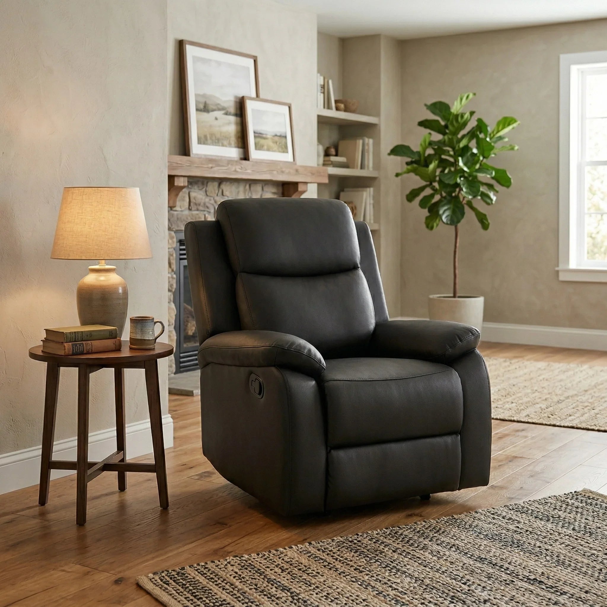 Mitcham Recliner Chair in black leather positioned in a cozy living room setting with a wooden side table holding a lamp and books, near a stone fireplace and a large green plant.