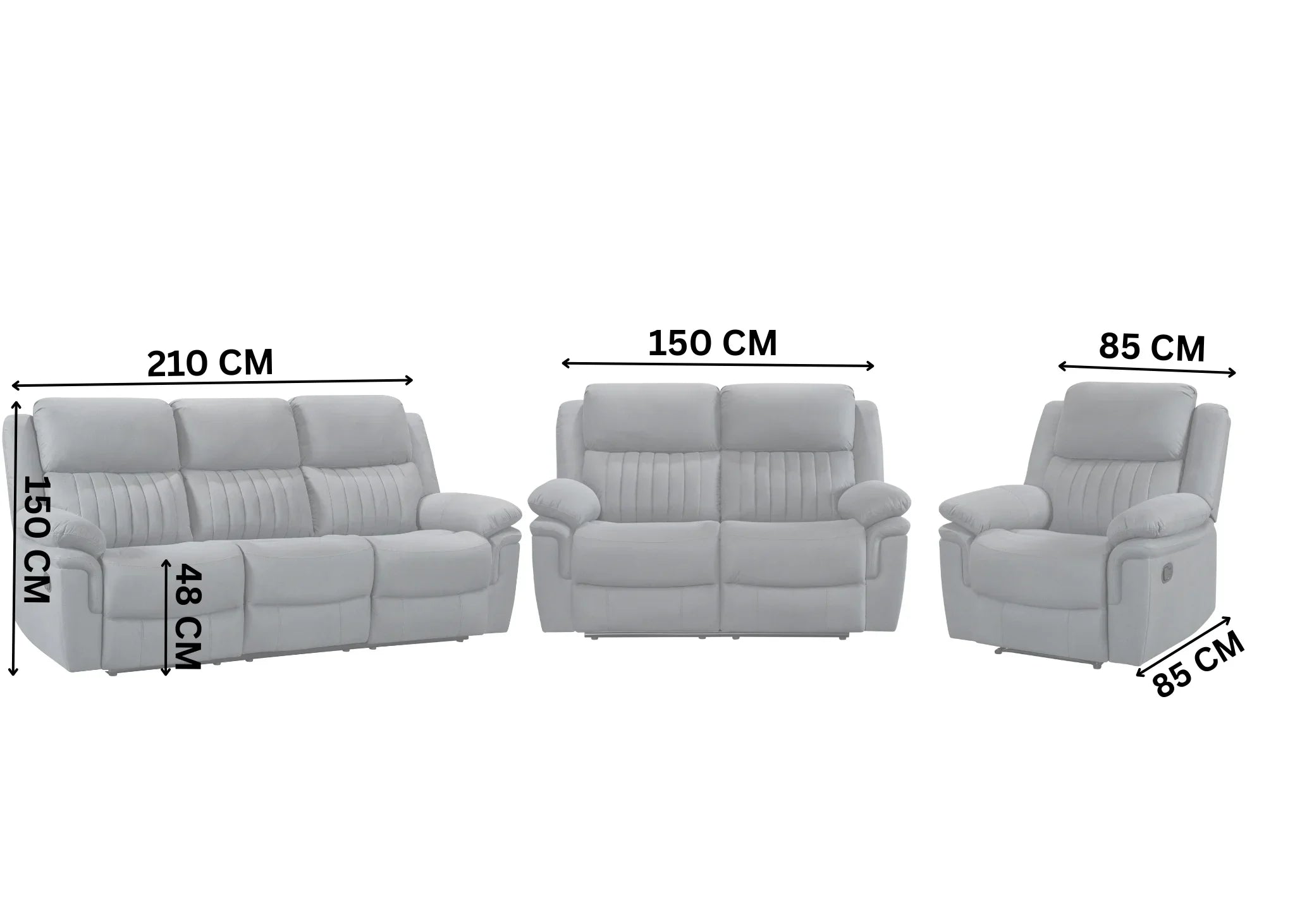 Grey sofa set with dimensions labelled on a white background