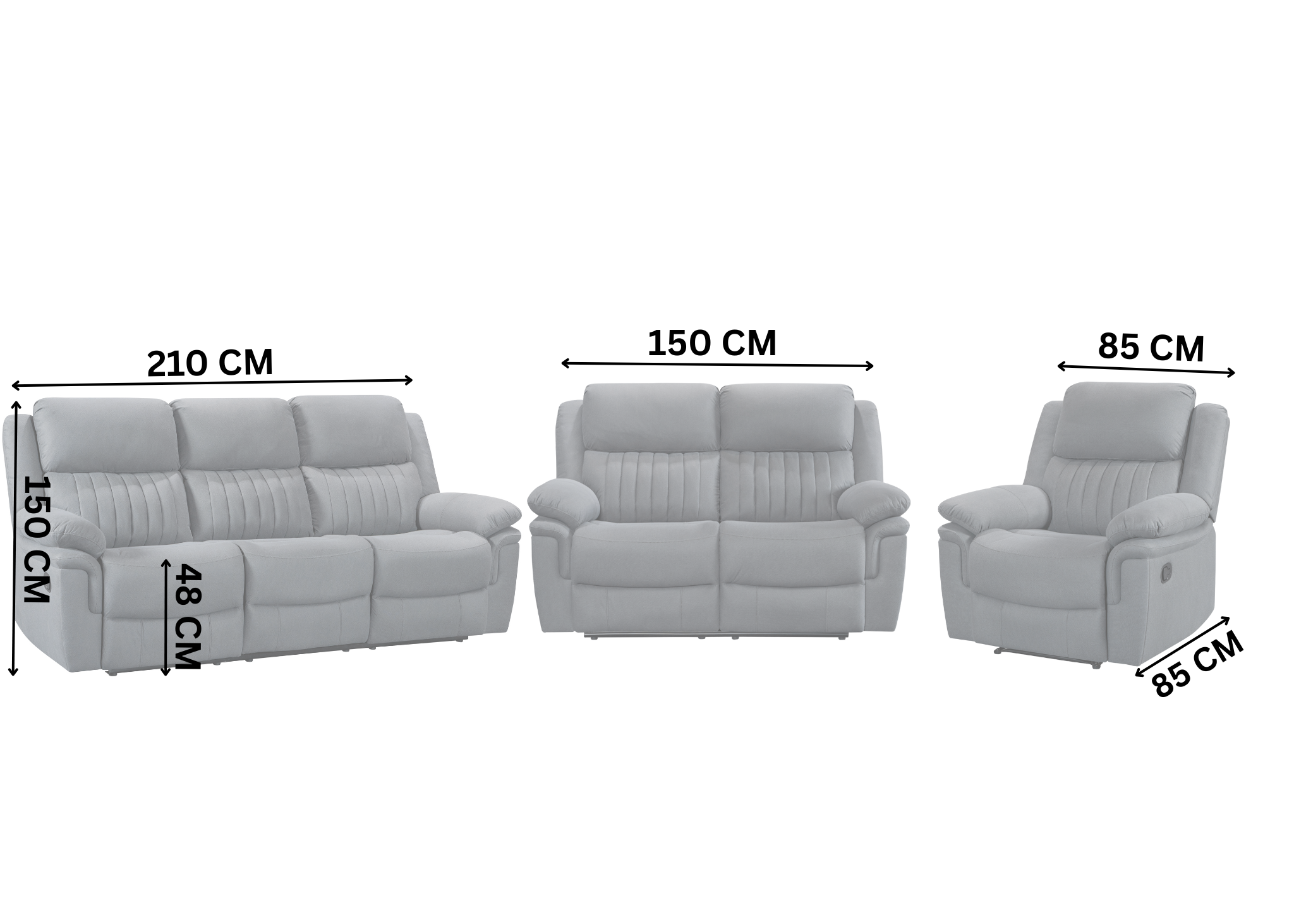 Grey sofa set with dimensions labelled on a white background