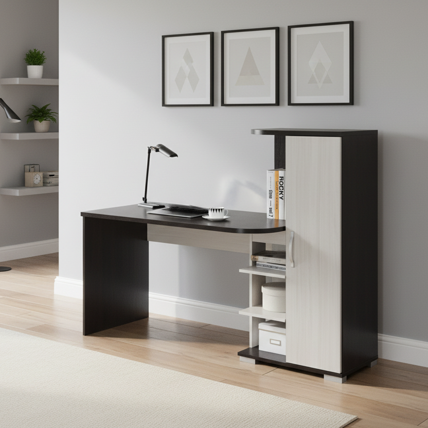 Modern office desk with shelves and decor in a room with large windows.