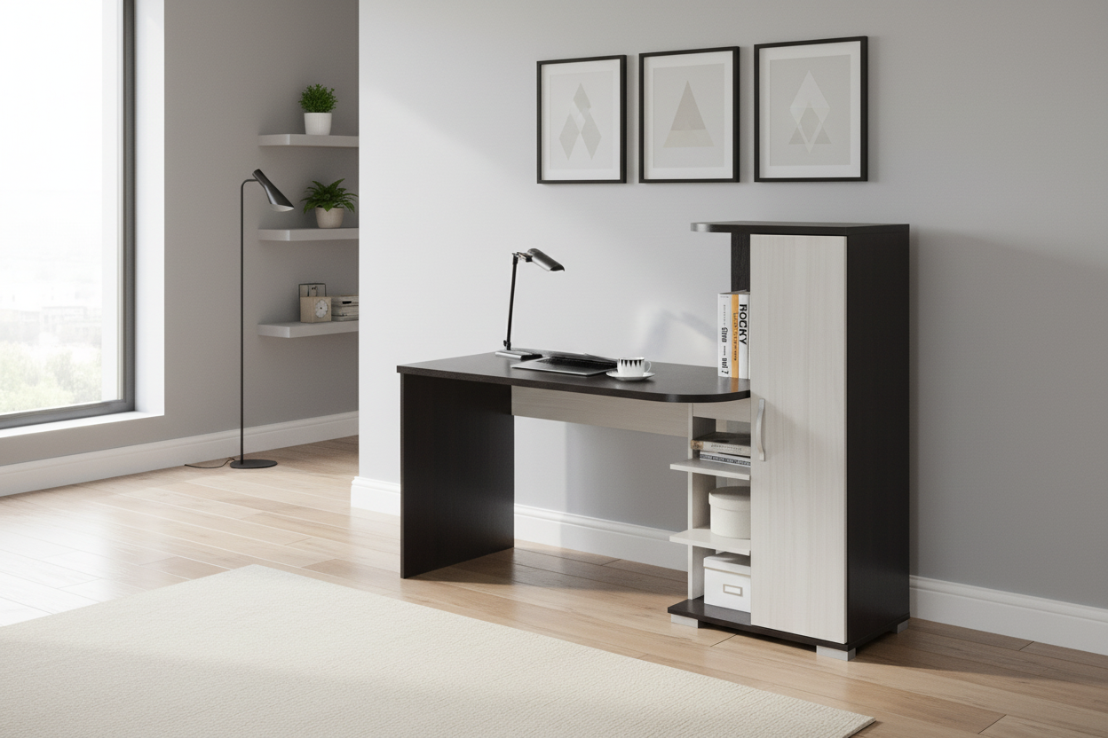 Modern office desk with shelves and decor in a room with large windows.