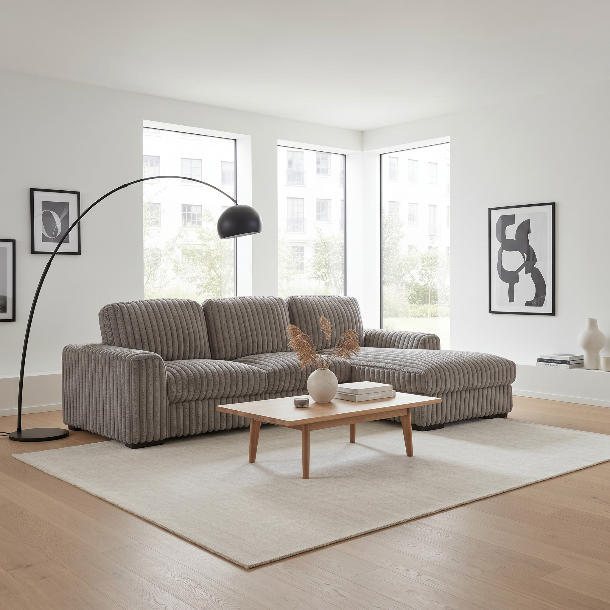 Muscat 3 Seater Couch with Chaise in a neutral-toned living room featuring a corduroy fabric sofa with plush cushions, complemented by a wooden coffee table and modern decor elements.