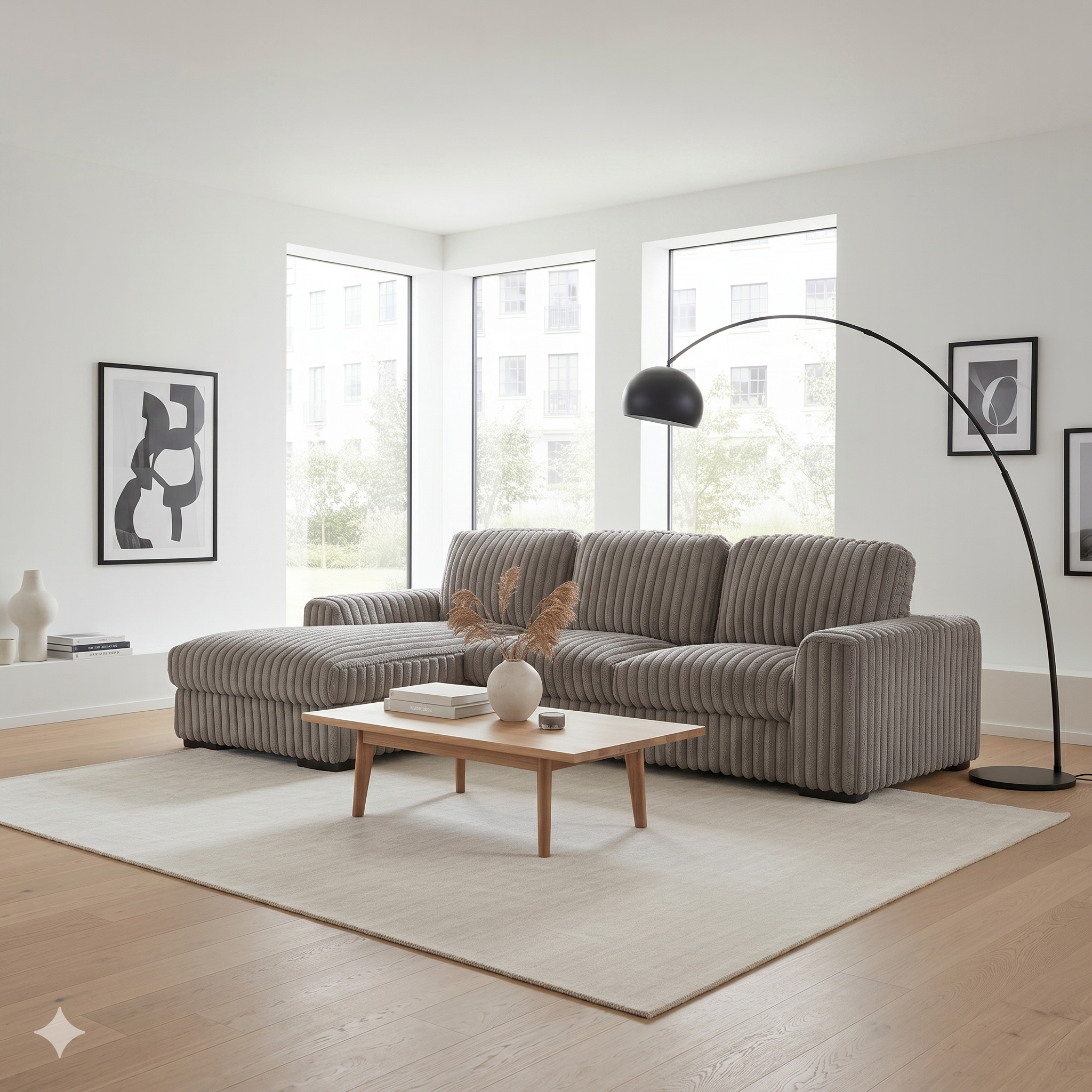 Modern living room with a gray sectional sofa, wooden coffee table, and floor lamp.