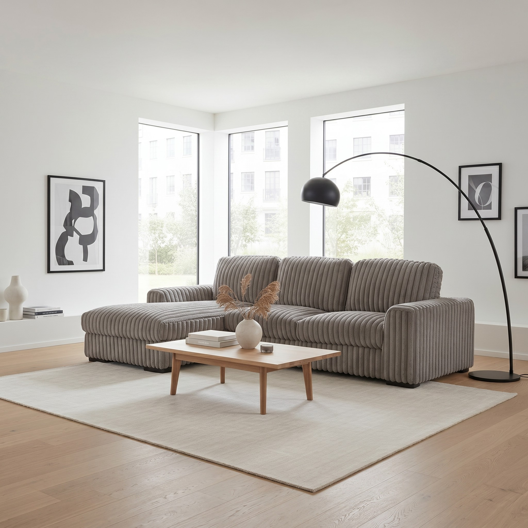 Muscat 3 Seater Couch with Chaise in a contemporary living room setting, featuring soft textured fabric upholstery, a low wooden coffee table, and modern decorative accents.