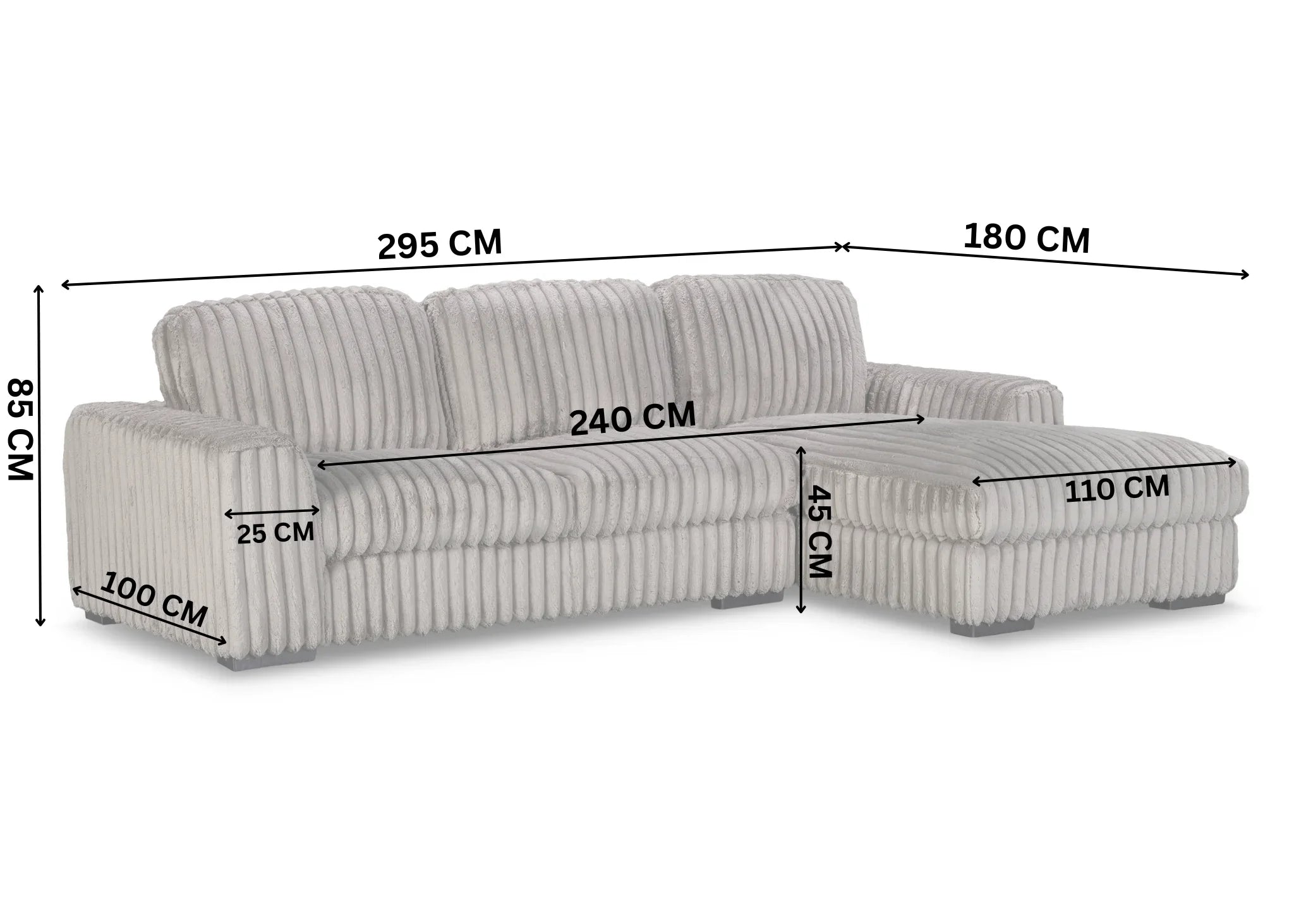 Grey sectional sofa with dimensions marked on a white background