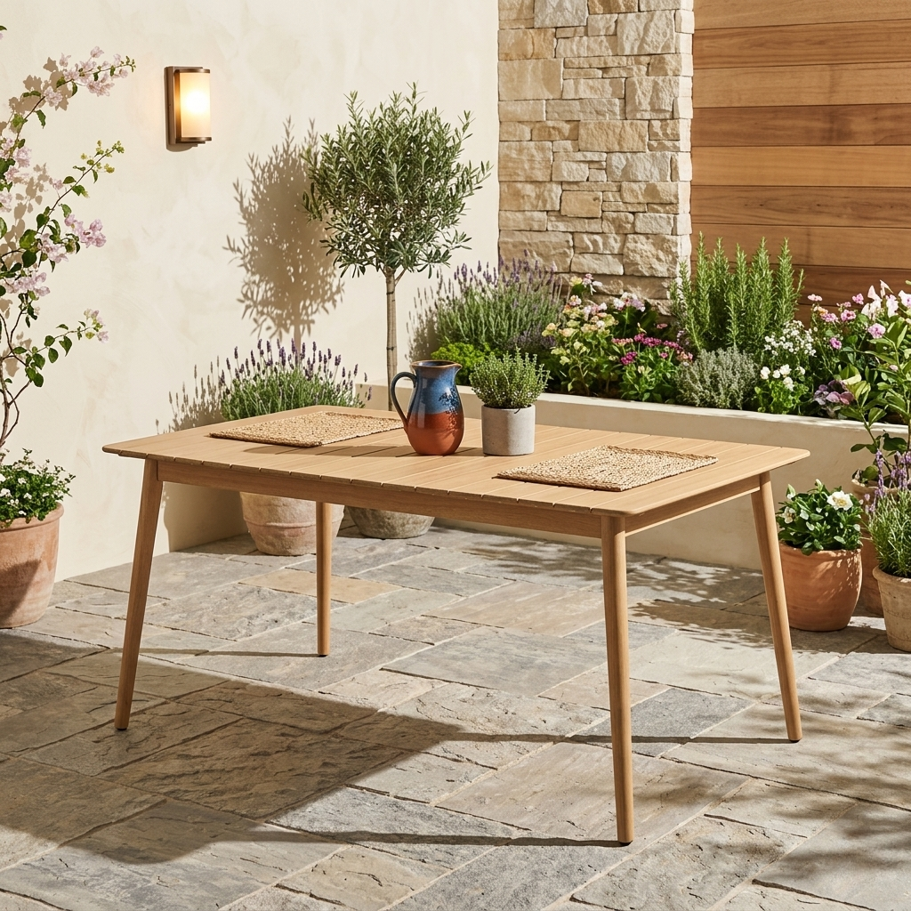Wooden outdoor table with decorative items on a stone patio surrounded by plants.