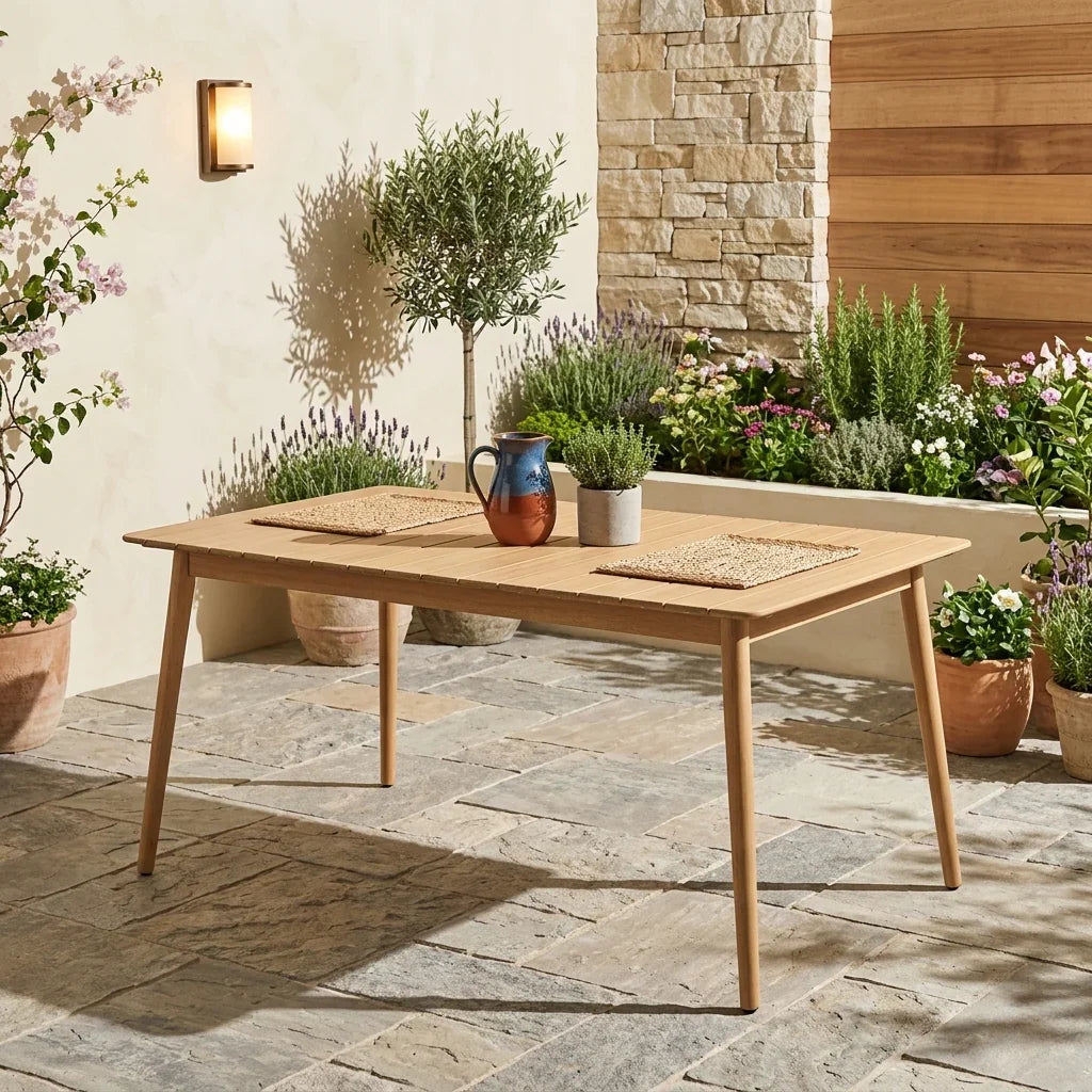 Wooden outdoor table with decorative items on a stone patio surrounded by plants.
