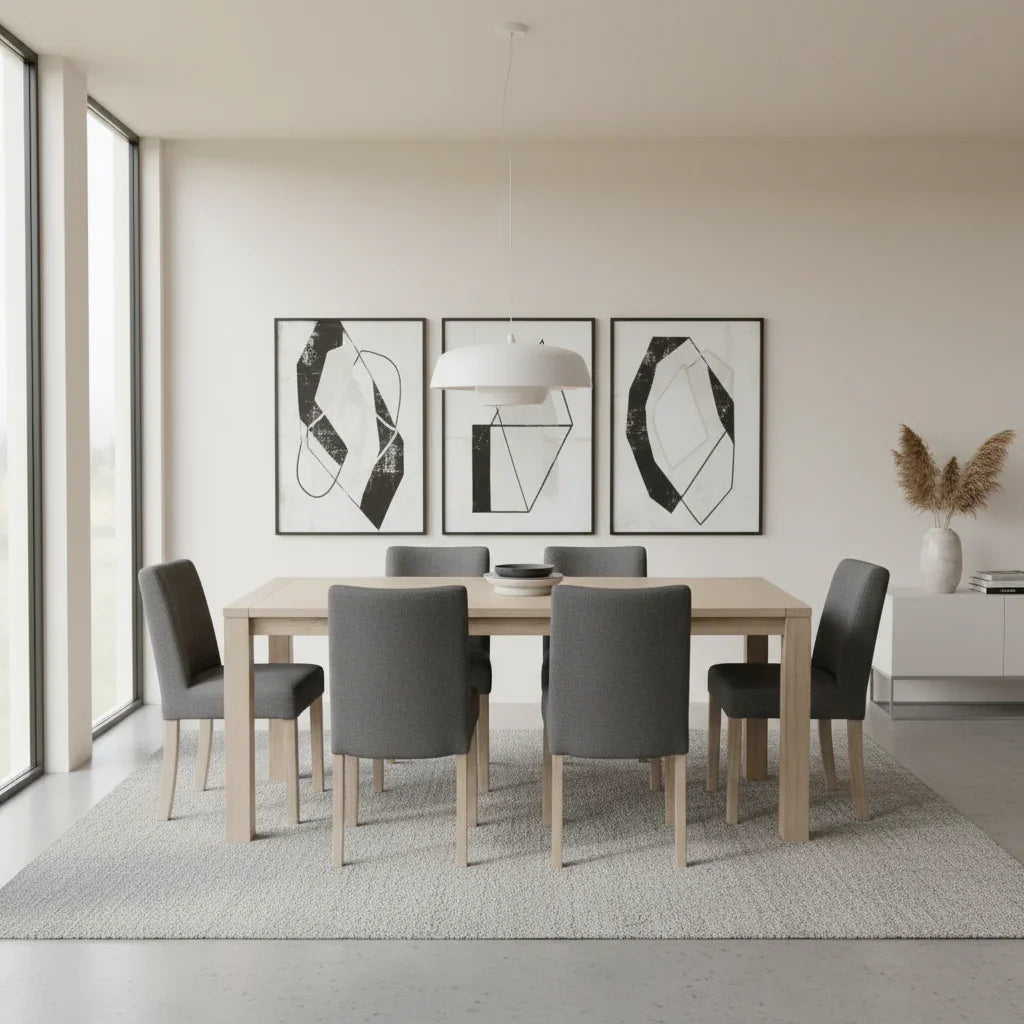 Dining room with a wooden table and gray chairs, abstract art on the wall.