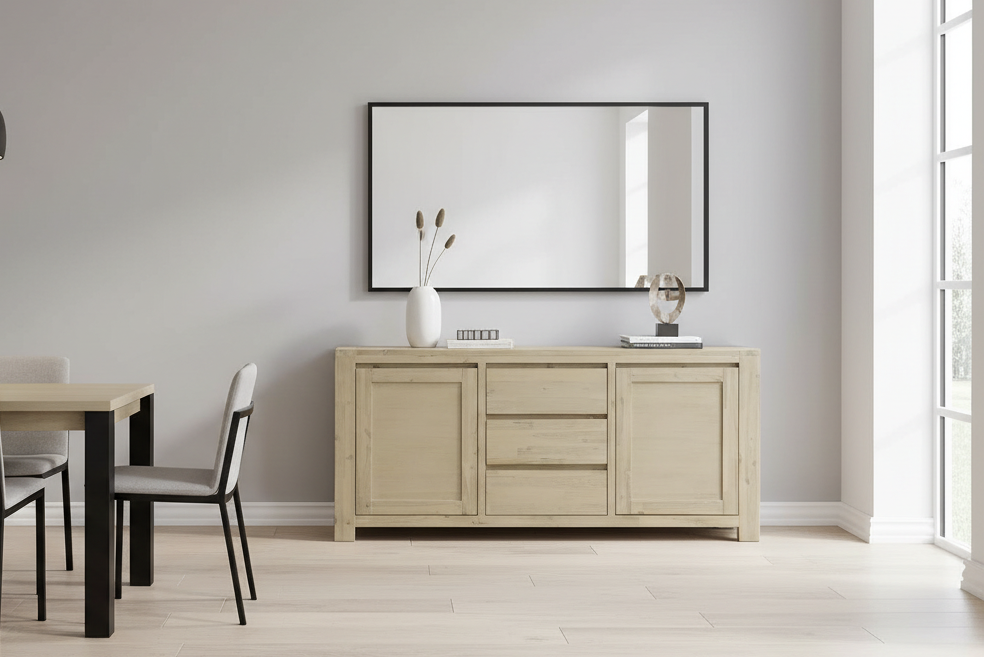 Beige sideboard in a modern dining room with a mirror on the wall.