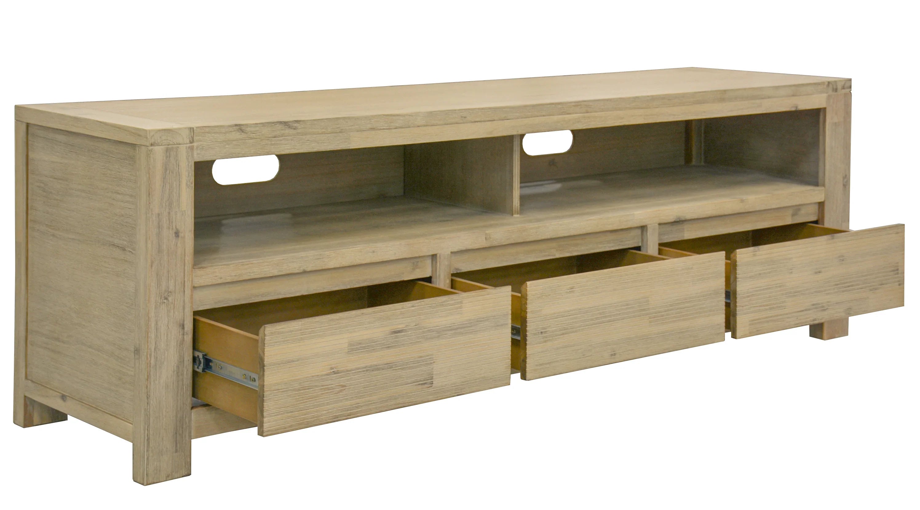 Wooden TV stand with multiple drawers on a white background
