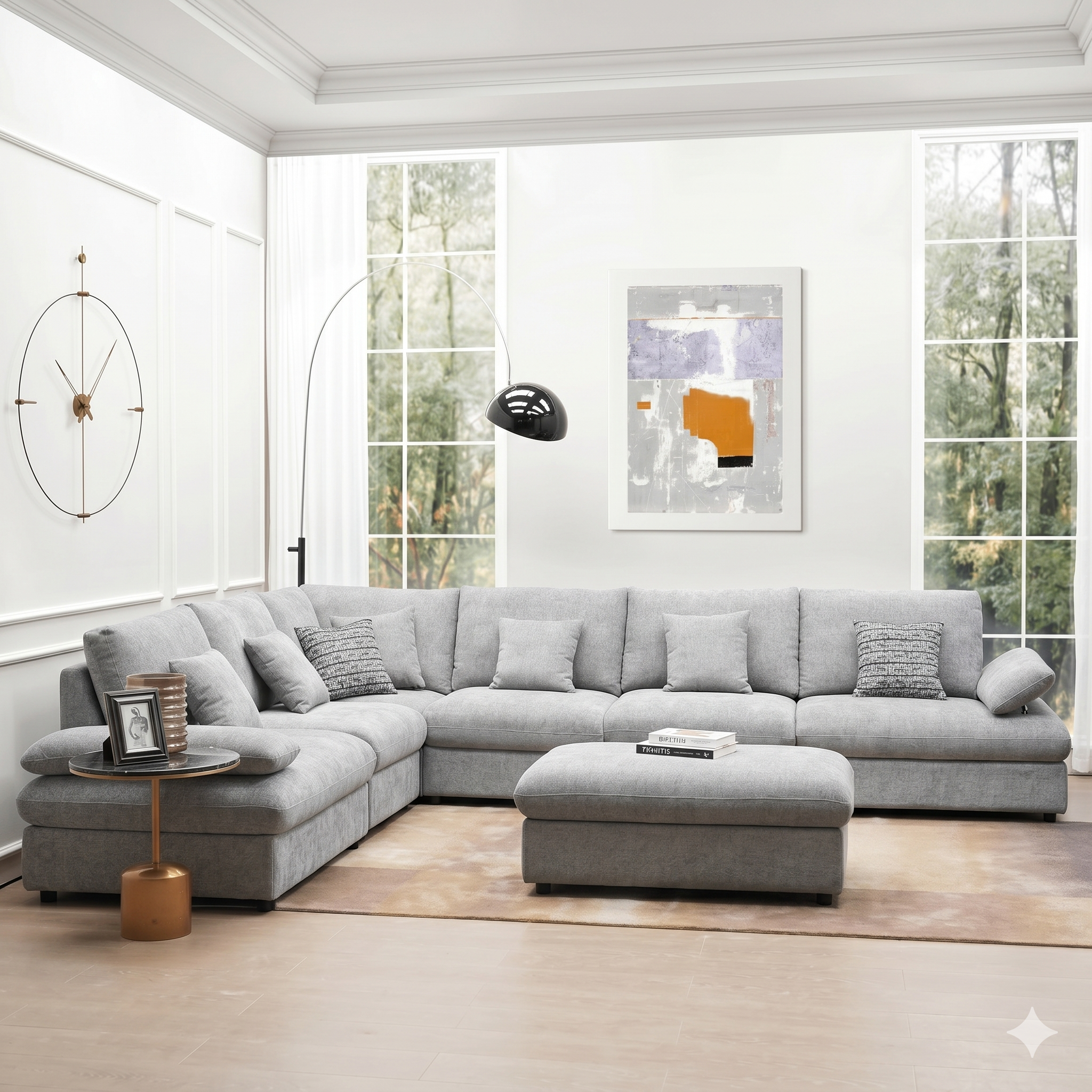 Gray sectional sofa in a modern living room with large windows and decorative elements.
