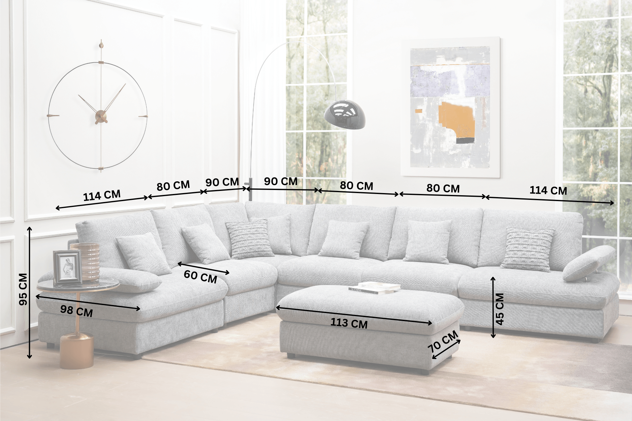 Grey corner sofa in living room with detailed measurements in centimeters.