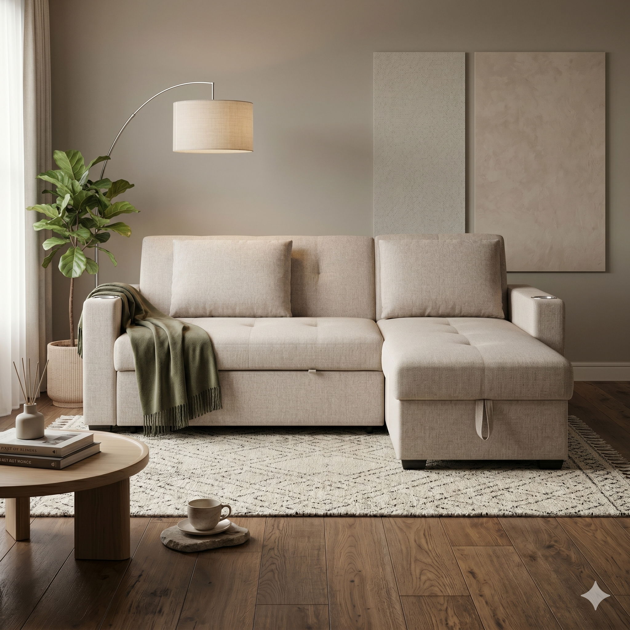 Beige sofa bed in a living room with a lamp, plant, and coffee table.