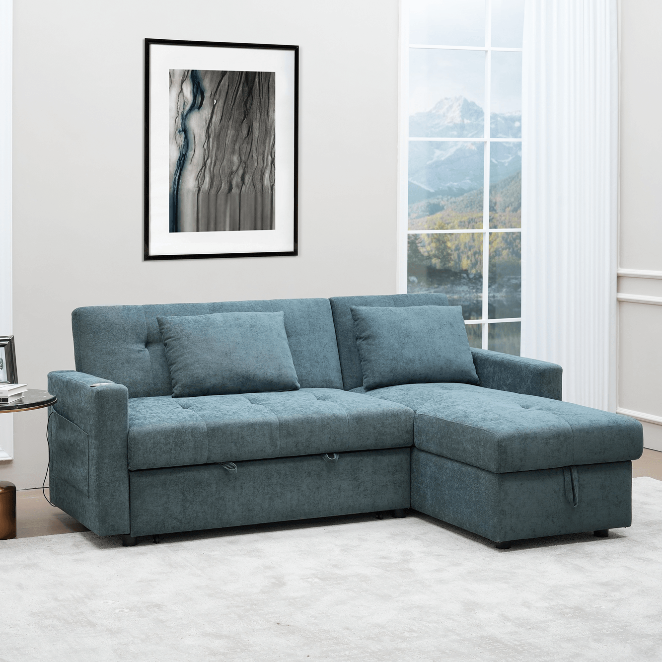 Oasis Sofa Bed with reversible chaise, hidden storage, USB port, and cupholder – available in Dark Grey and Beige at The A2Z Furniture.