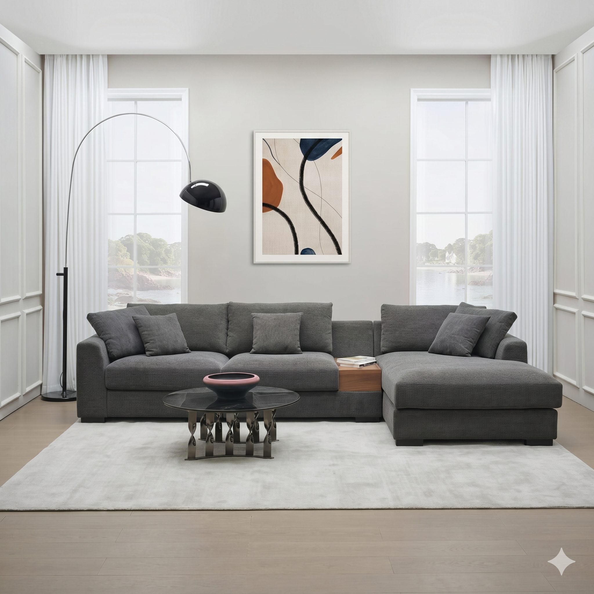 Modern living room with a gray sectional sofa, coffee table, and abstract art on the wall.
