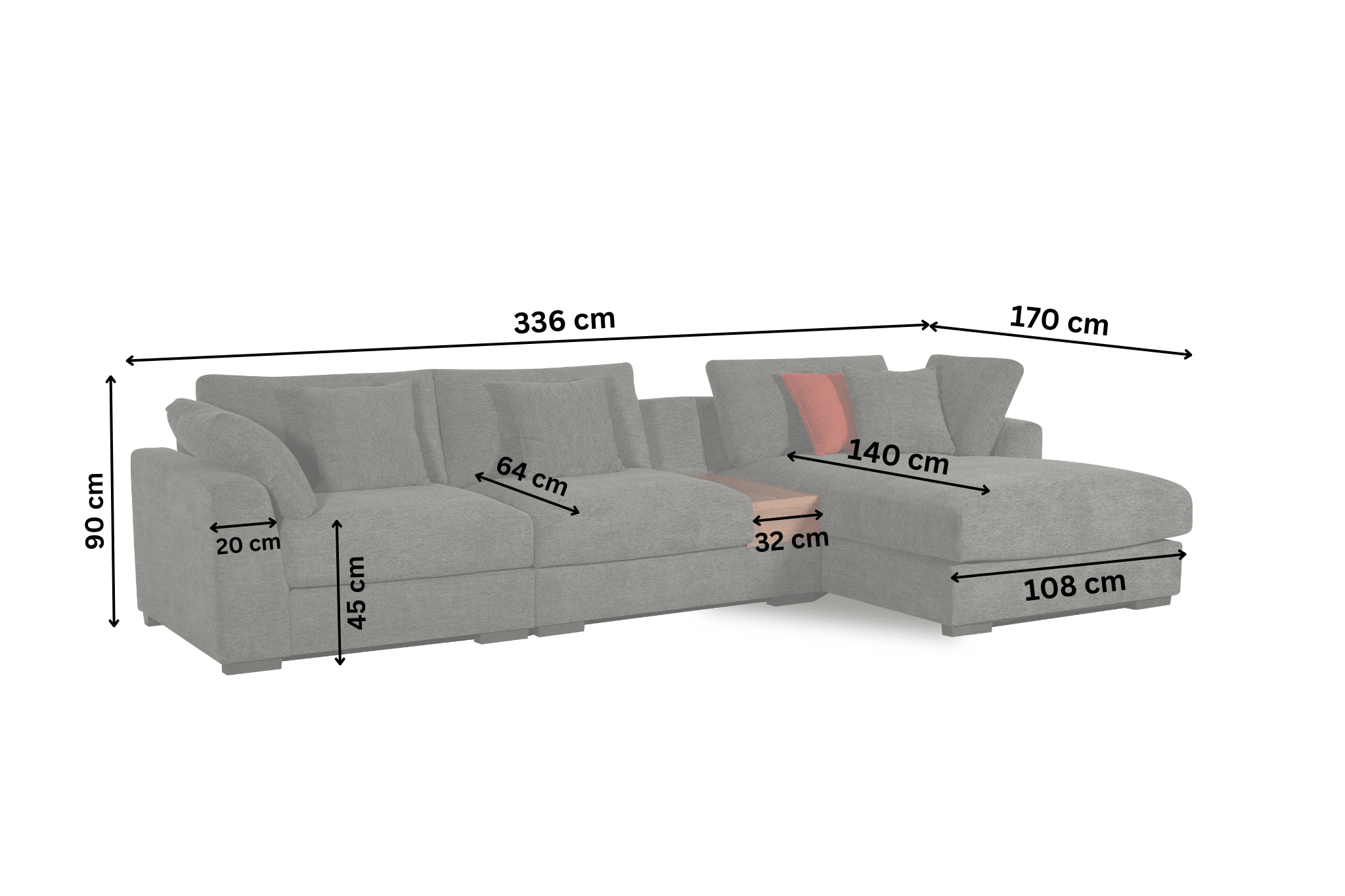 Grey 3-seater chaise sofa with labeled dimensions in centimeters, including height and depth.