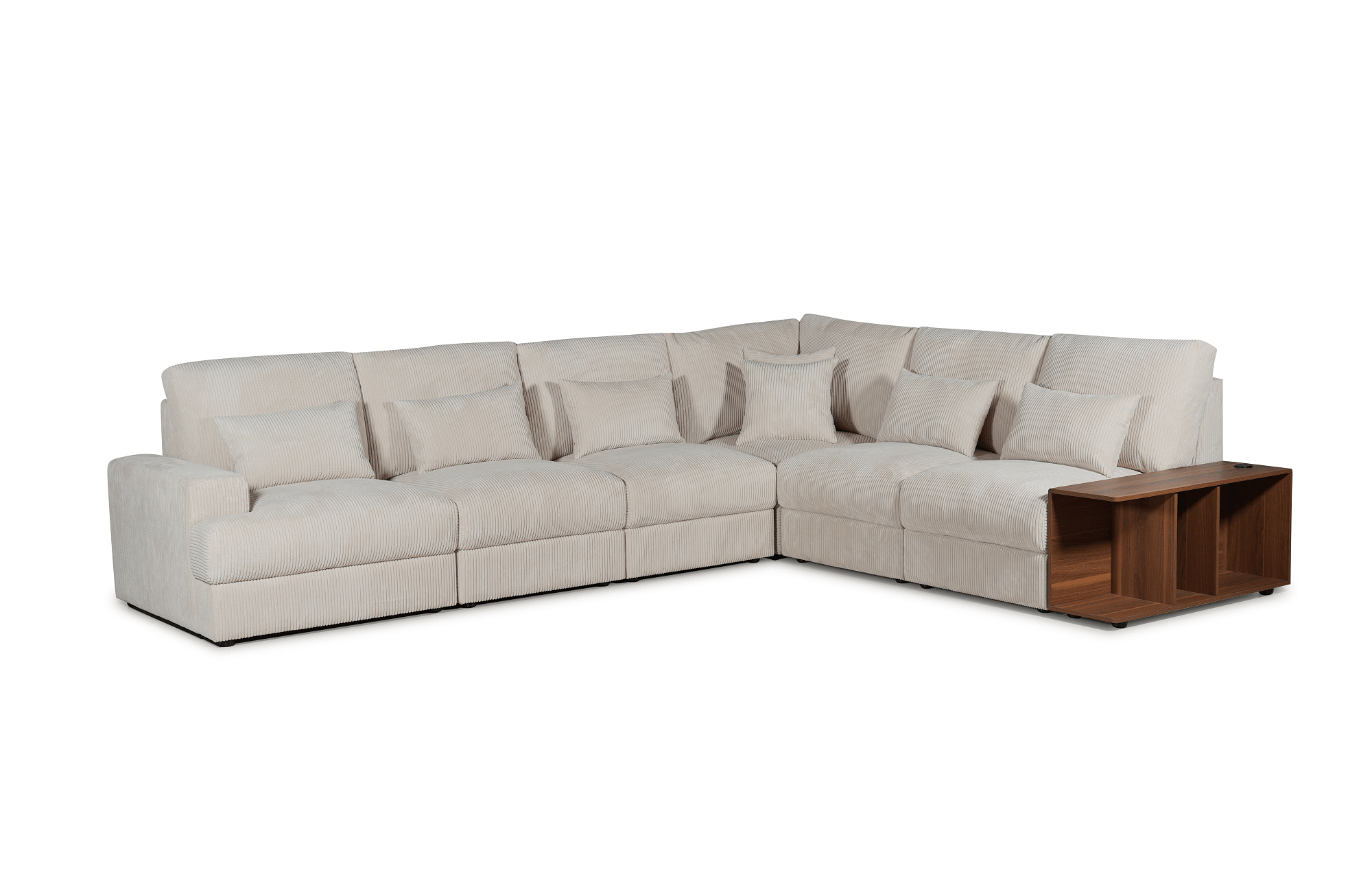 Beige fabric corner lounge sofa with multiple cushions and built-in wooden side table