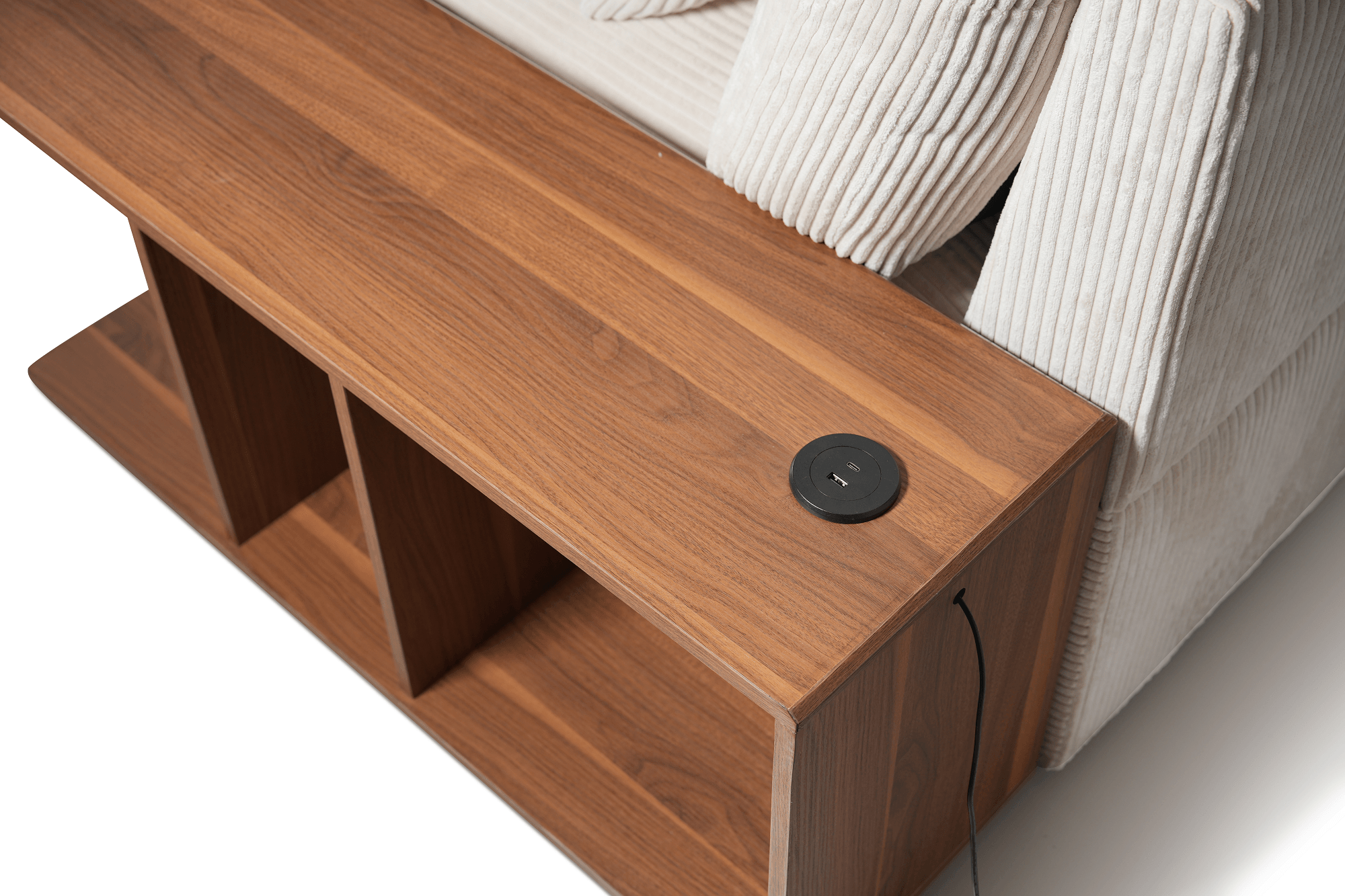 Modern wooden sofa table with built-in USB ports and open storage compartments