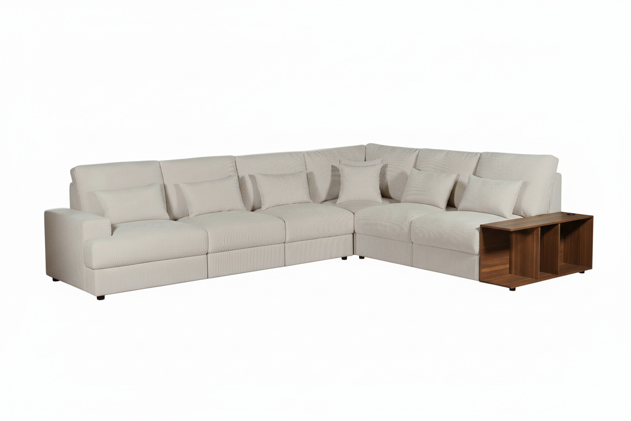Beige sectional sofa with a wooden side table on a white background