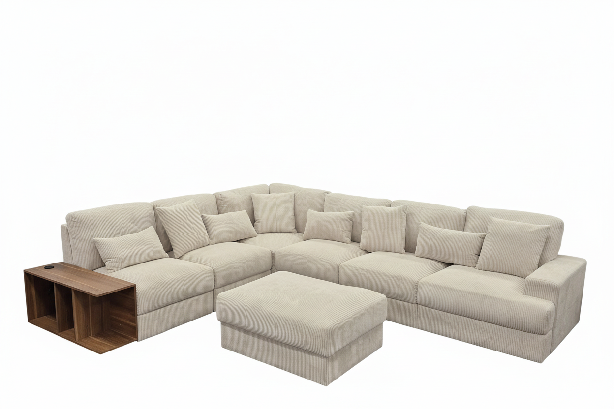 Beige sectional sofa with ottoman on a white background