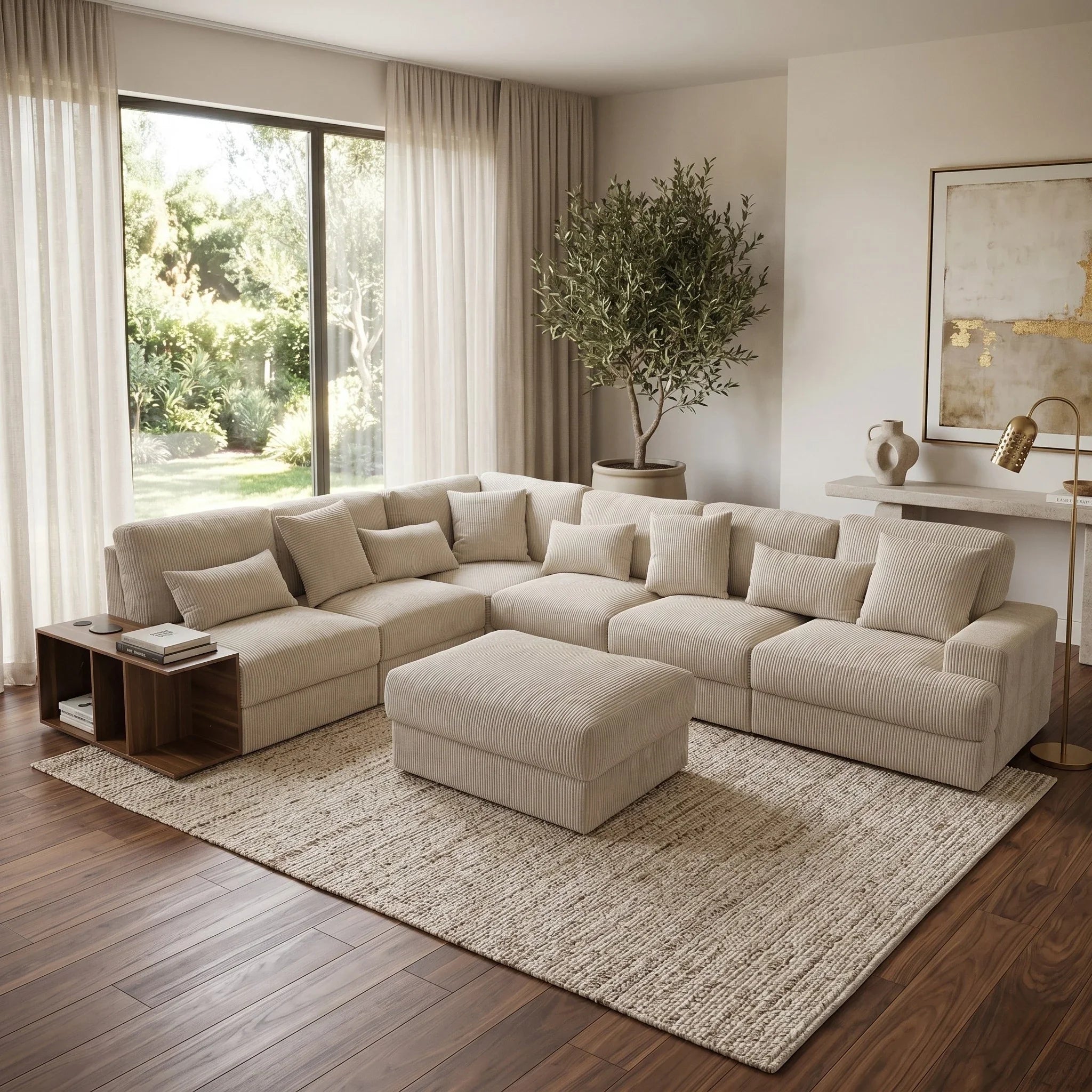 Opulence Corner Sofa in a bright living room with neutral tones, featuring plush cushions, a matching ottoman, wooden flooring, and natural light from large windows.