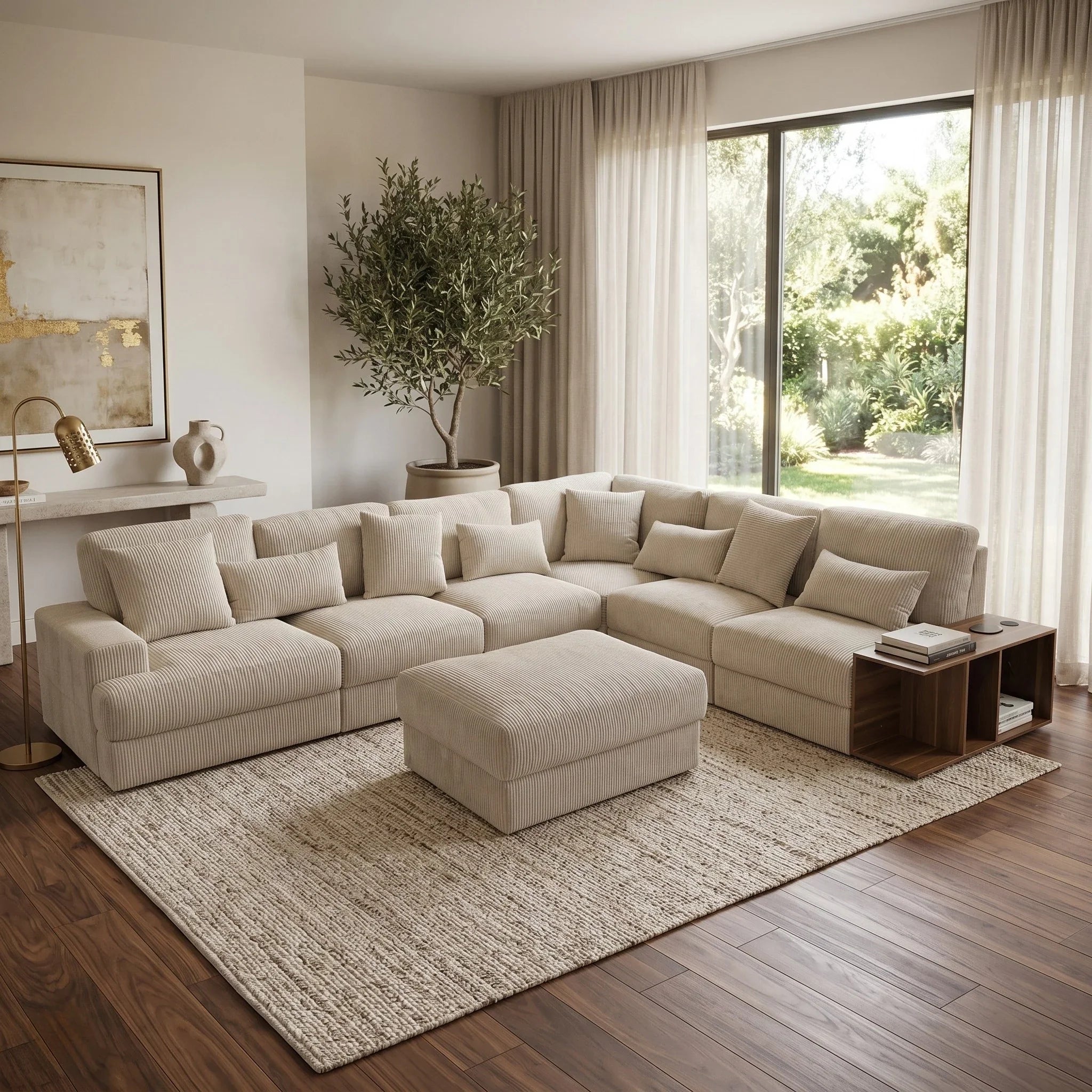 Opulence Corner Sofa in a light beige fabric with multiple cushions, complemented by a matching ottoman and a wooden side table in a bright, modern living room setting.