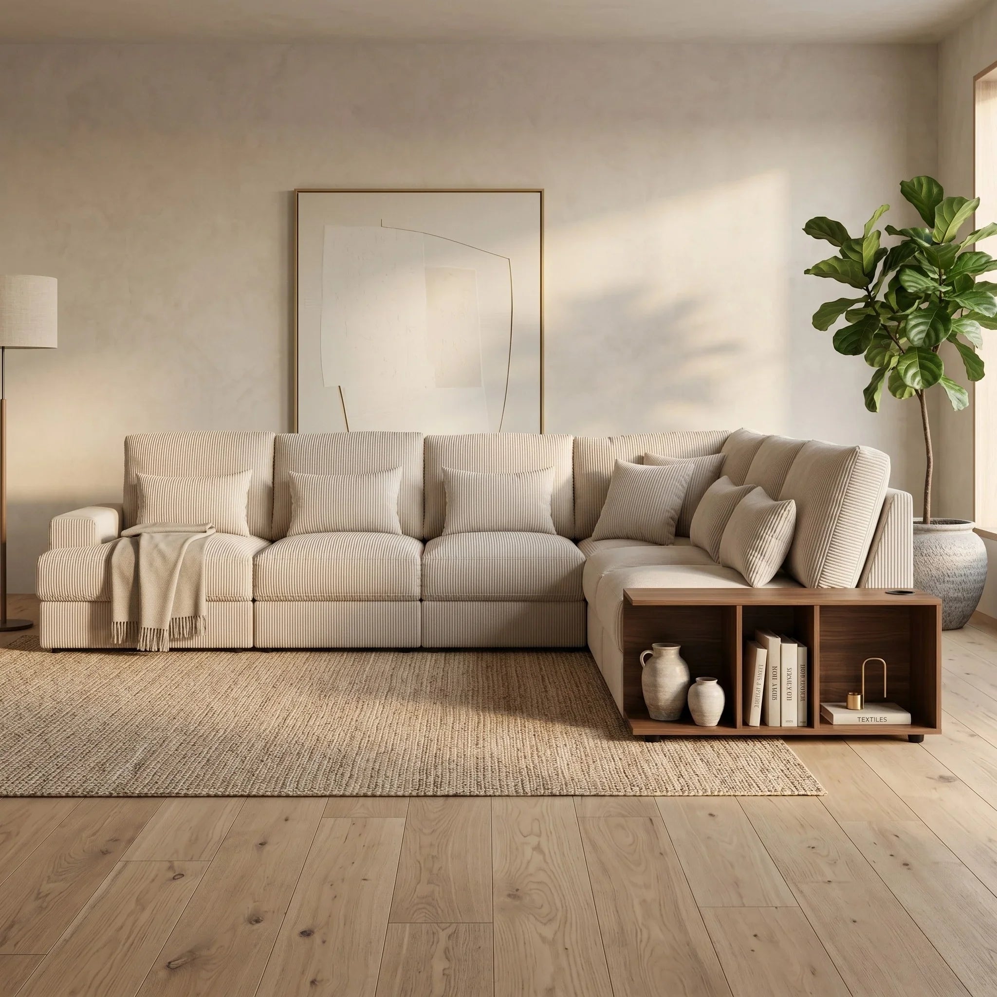 Opulence Corner Sofa in a light beige fabric with a modern design, featuring plush cushions, a built-in wooden side shelf, and styled in a cozy, minimalist living room.